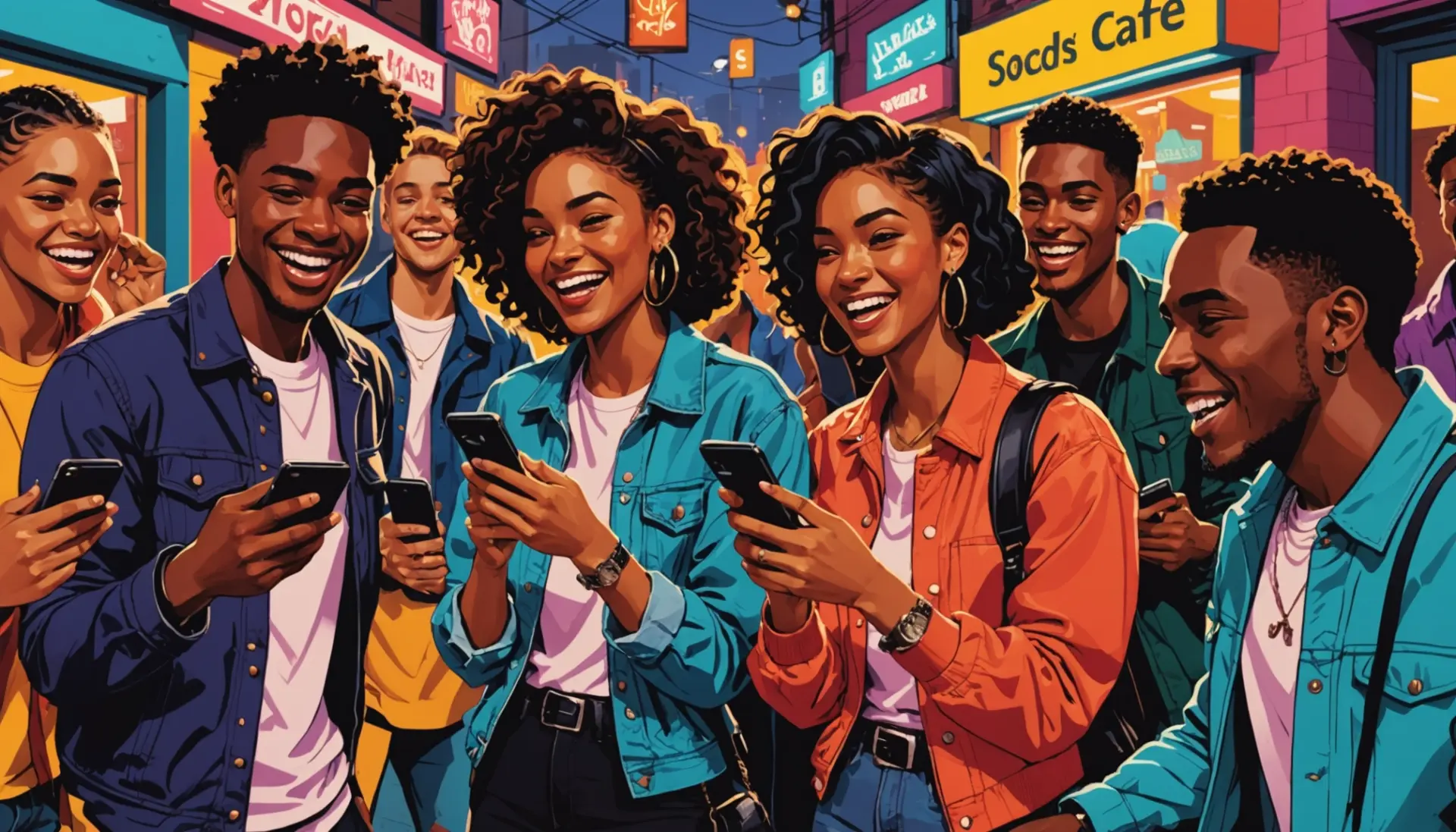 Editorial illustration of young people texting about dfl meaning slang