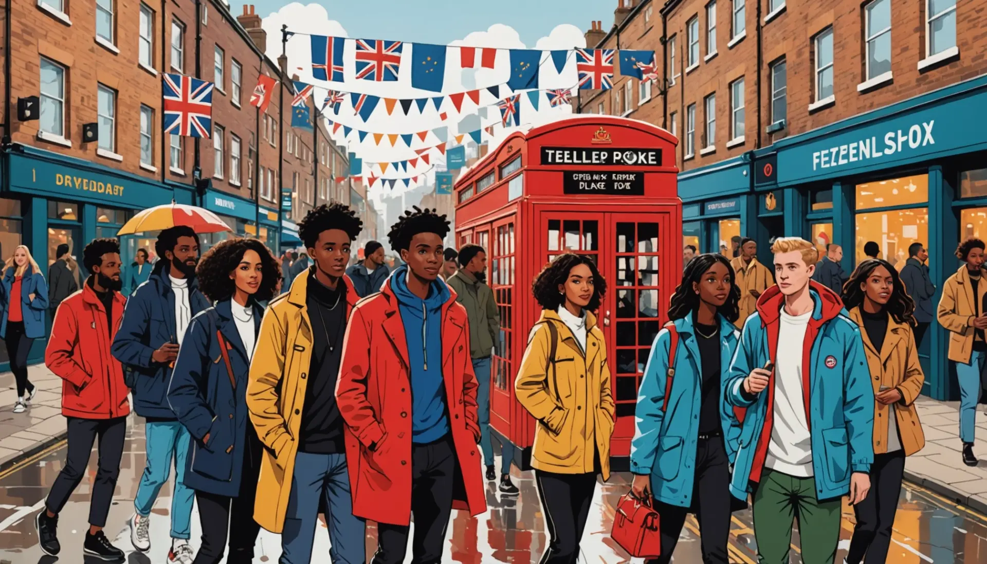 Editorial illustration depicting people labeled with slang for british person in a colorful street scene