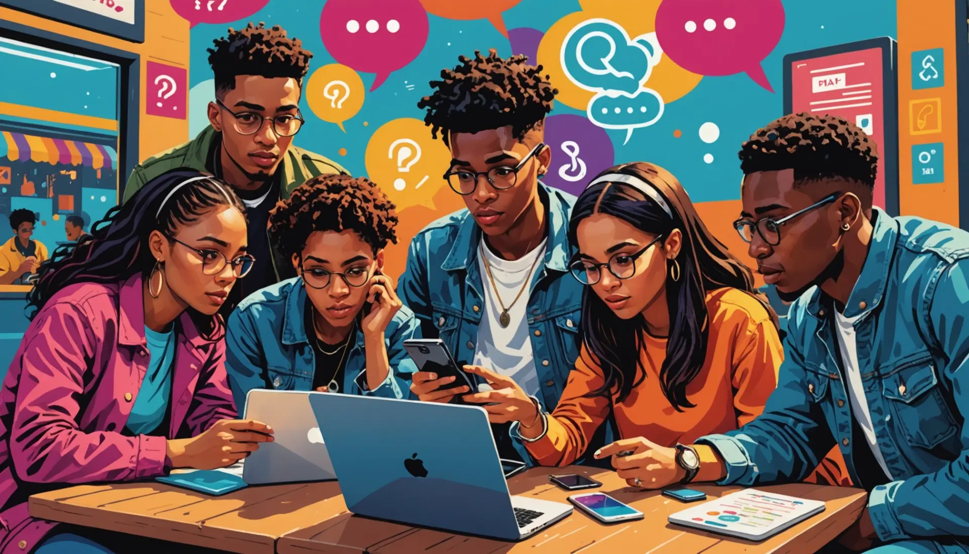 Editorial illustration of people debating the phrase f3 urban dictionary on phones and laptops