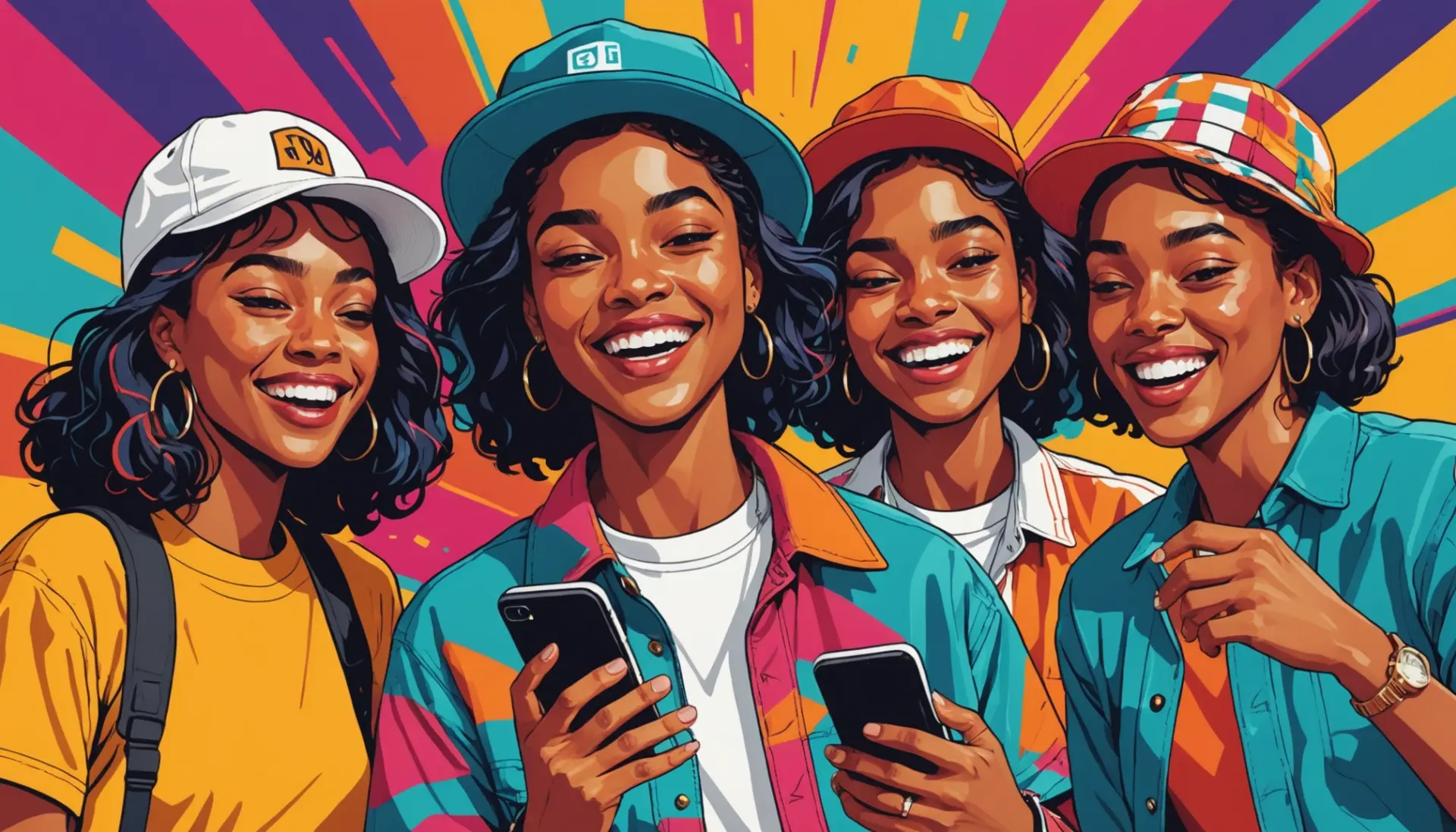 Editorial illustration showing people texting and a speech bubble with the slang mmcht meaning slang represented as a sound