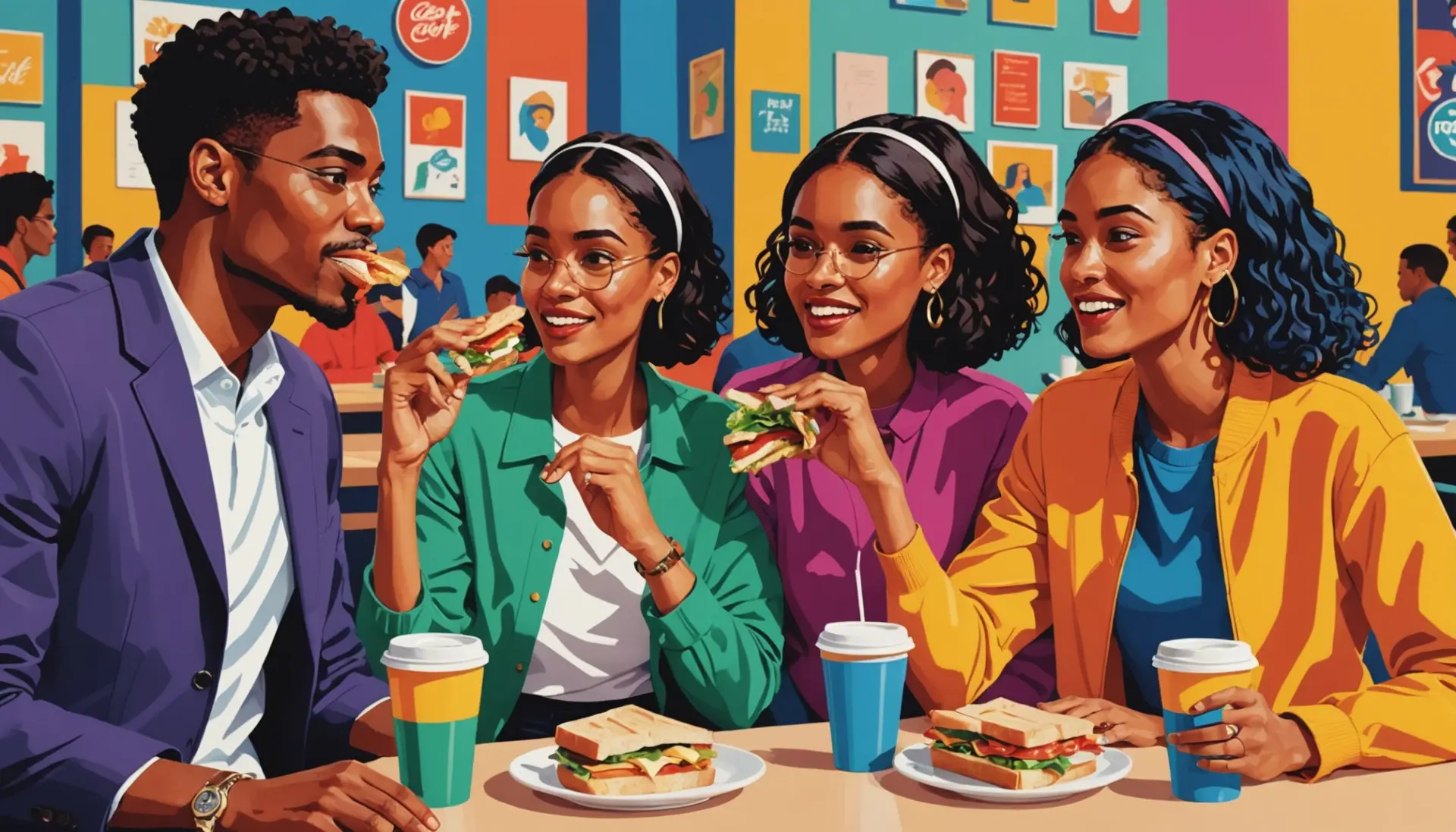 Editorial illustration showing debate over what is roast beef slang for with expressive characters