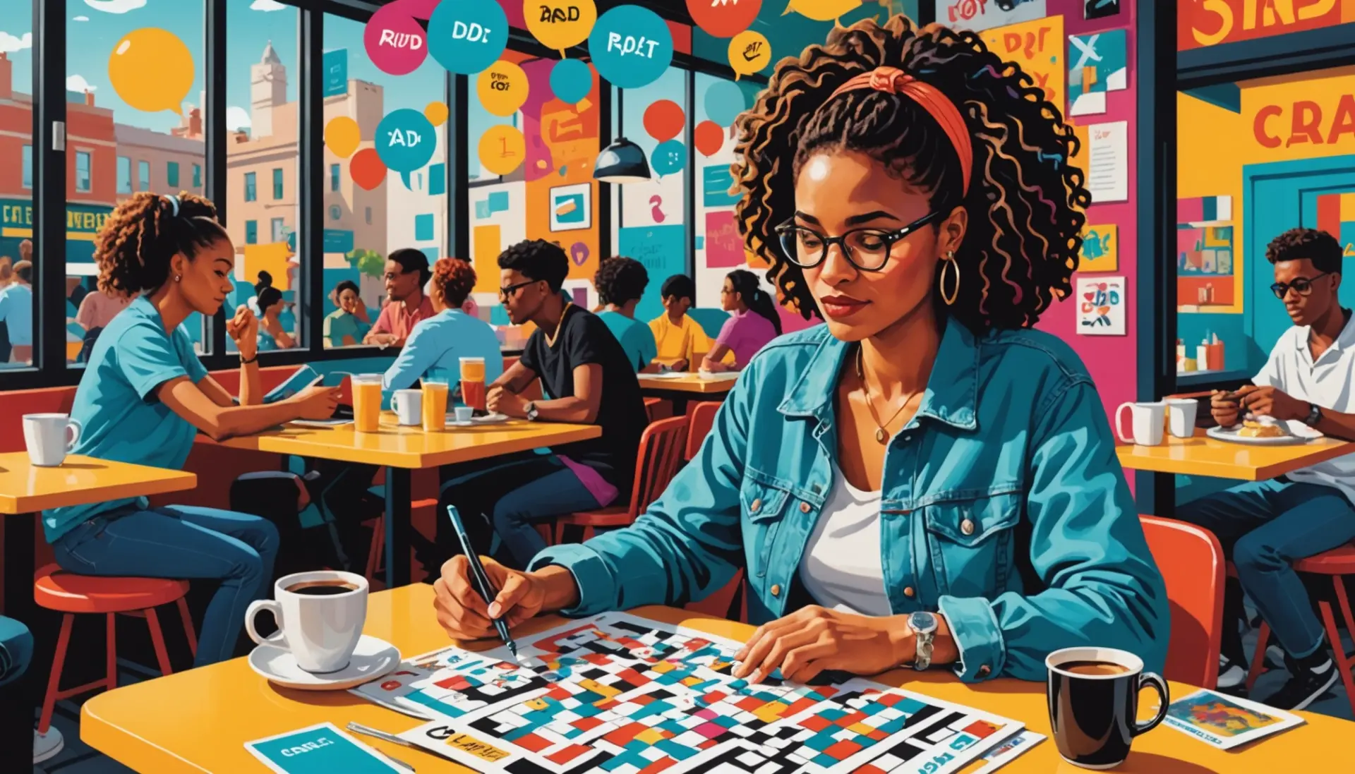 Editorial illustration showing a crossword with the phrase great in slang crossword highlighted