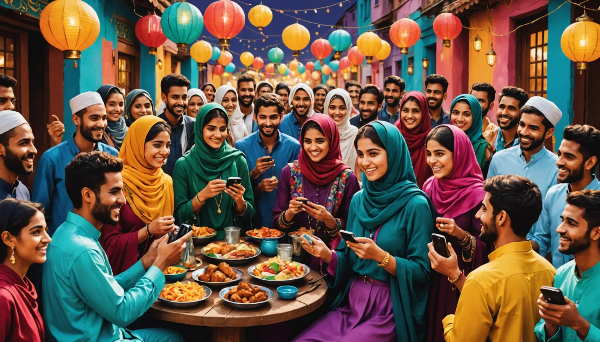 Editorial illustration of friends celebrating Eid, with the phrase what does eid mean implied in context