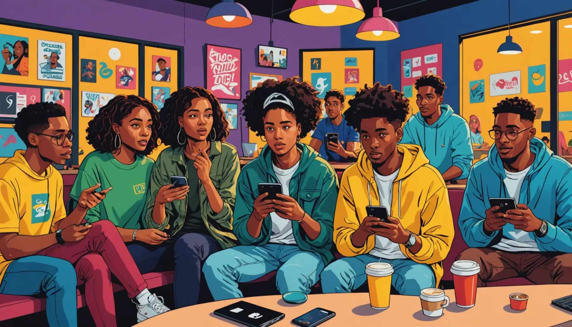 Editorial illustration of young people reacting dramatically with text bubbles, featuring the term cdl meaning slang in context