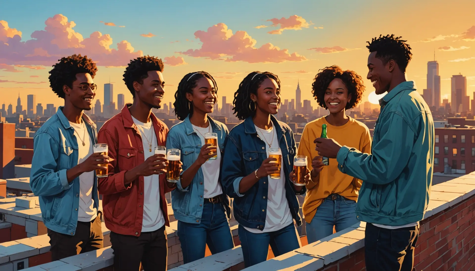 Editorial illustration of friends passing a case of beer with the phrase carton slang implied