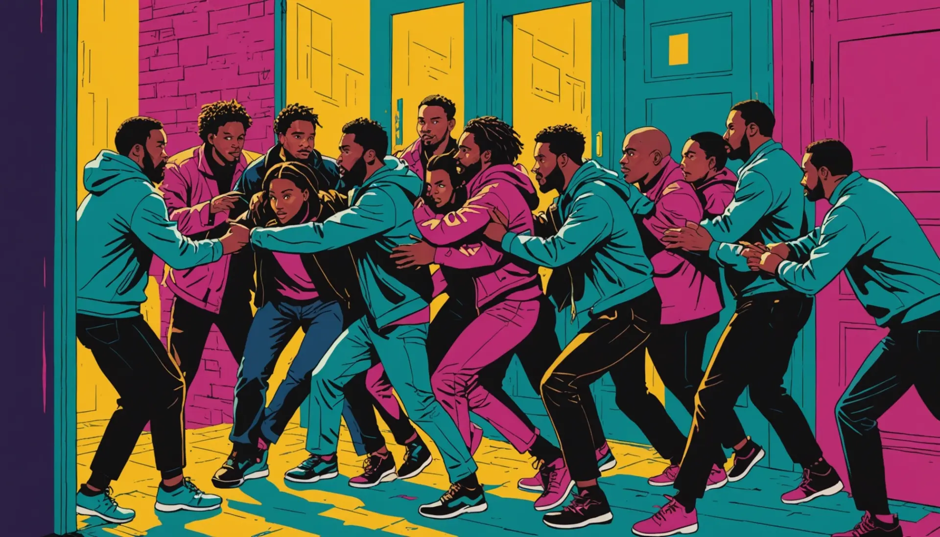 Editorial illustration showing a person restrained behind a symbolic doorway with the phrase what does false imprisonment mean implied visually