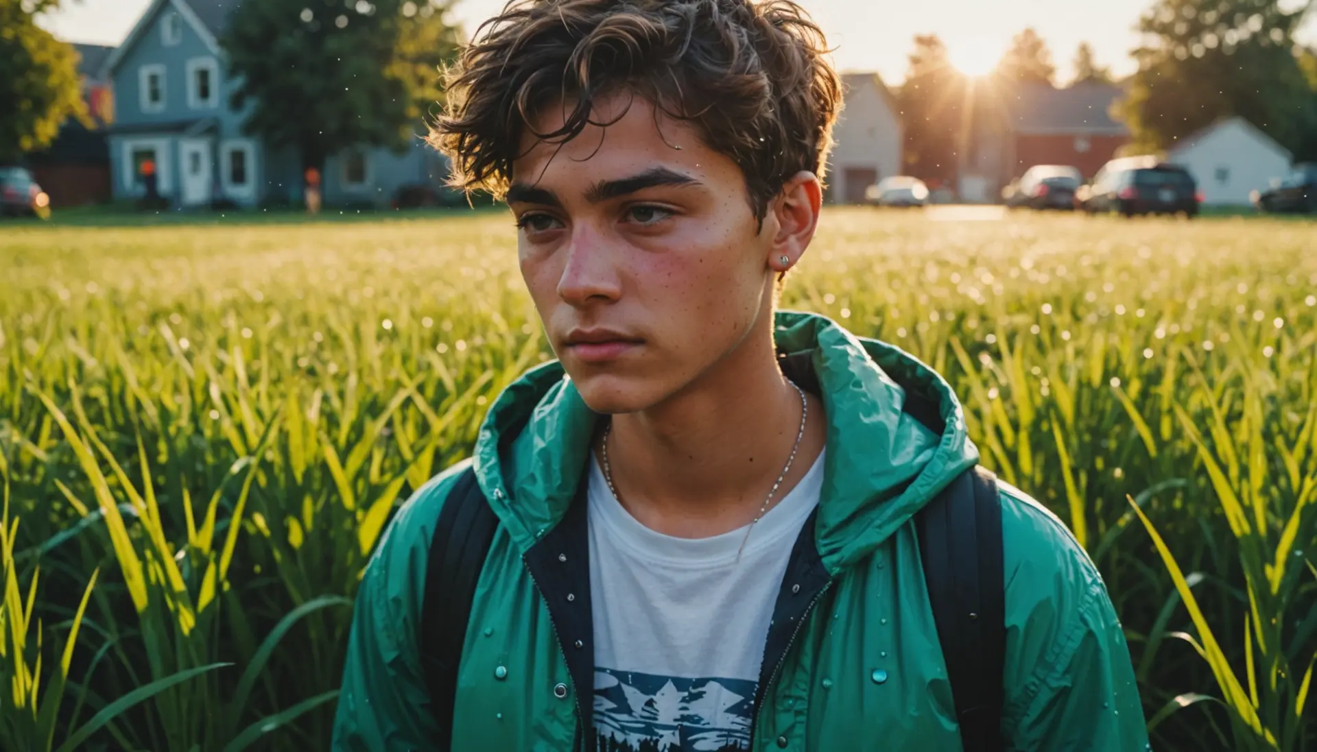 Editorial illustration of a person with dewy skin and morning light, referencing morning dew urban dictionary