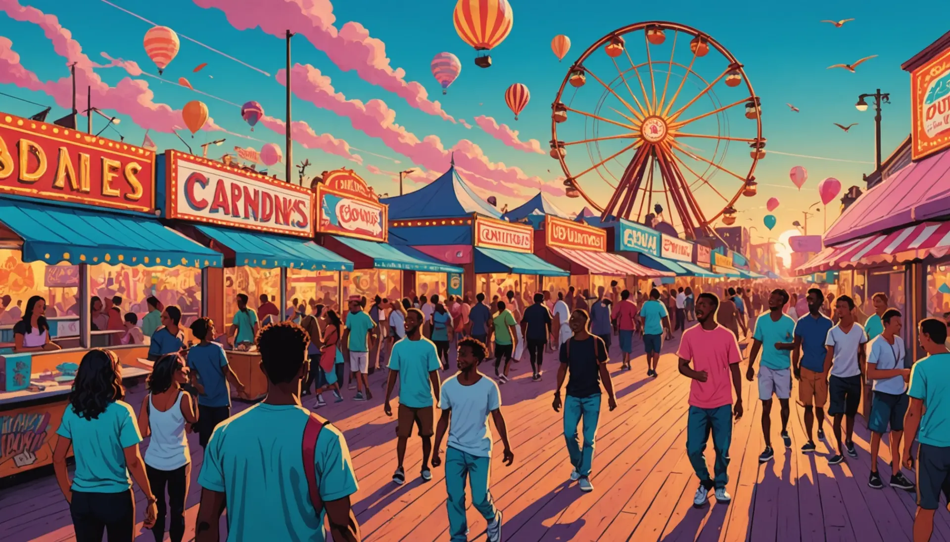 Editorial illustration of coastal vendors and teens demonstrating boardwalk slang meaning