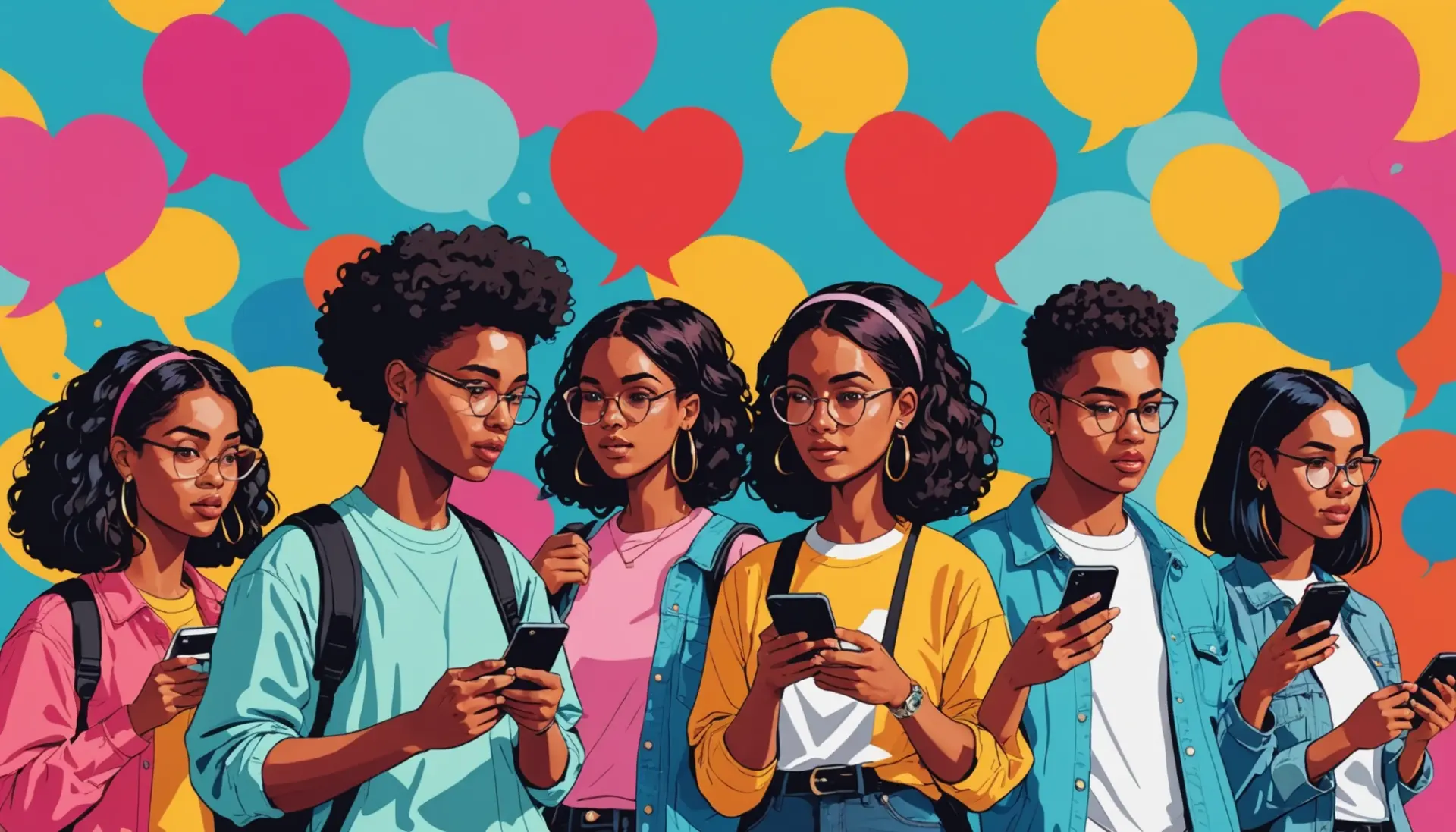 Editorial illustration showing people texting the phrase what does s/o mean in text on colorful speech bubbles