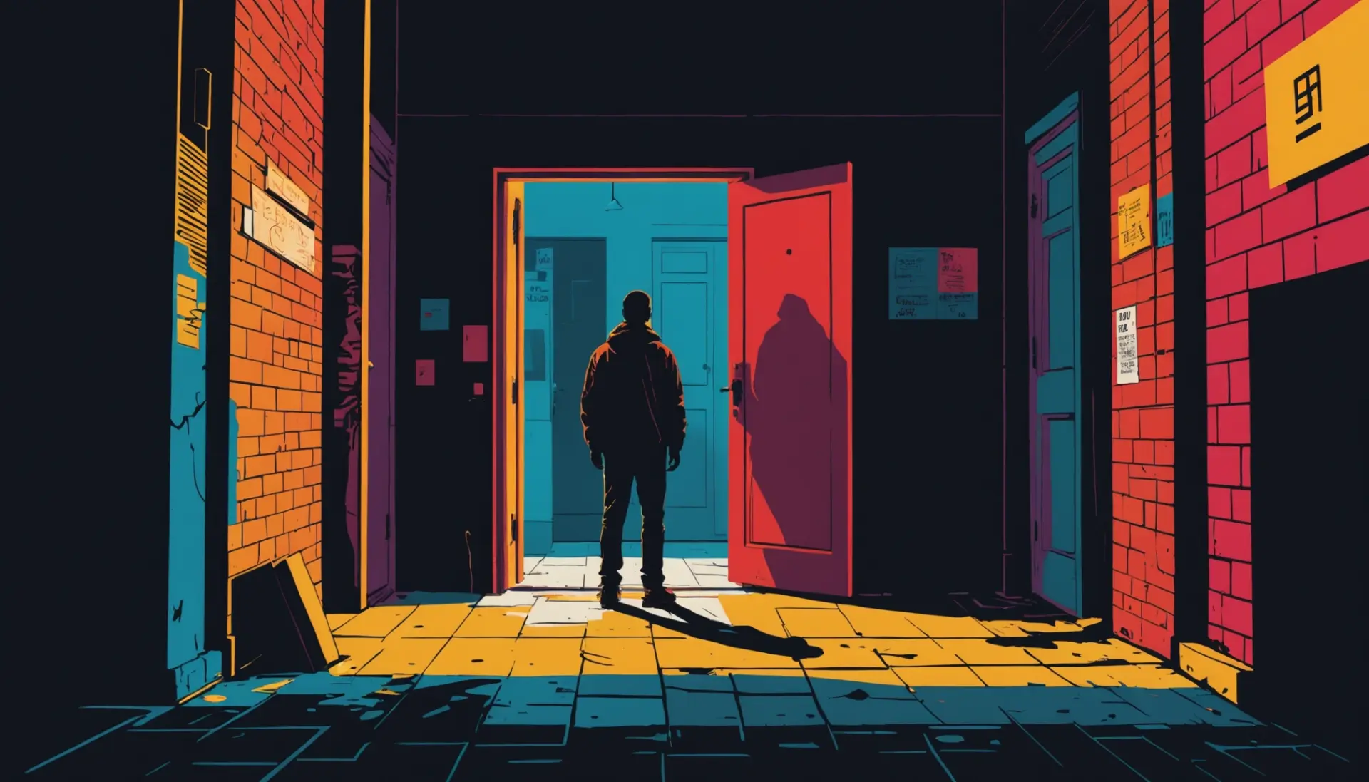 Editorial illustration of a person held at a doorway, representing what does false imprisonment charge mean