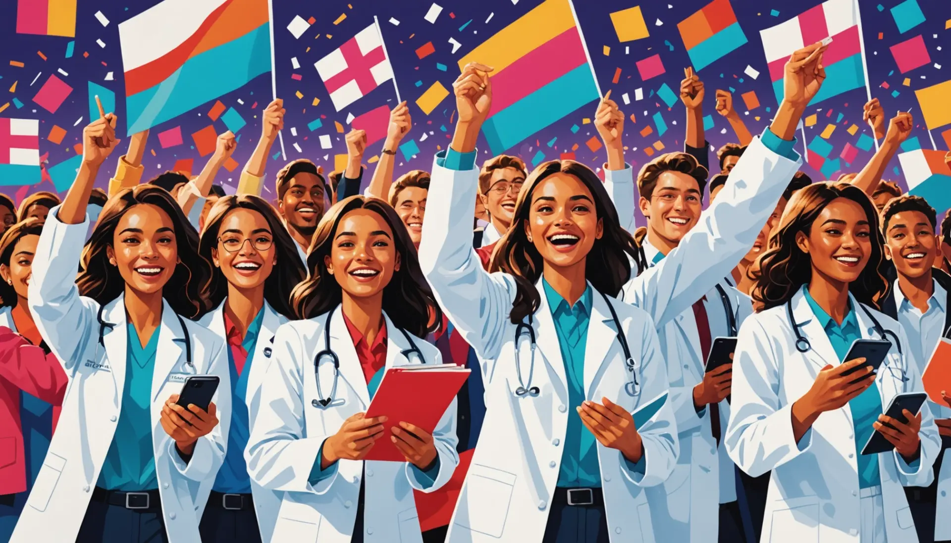 Illustration showing diverse people celebrating 'what does match day mean' across med school, stadium, and dating app scenes