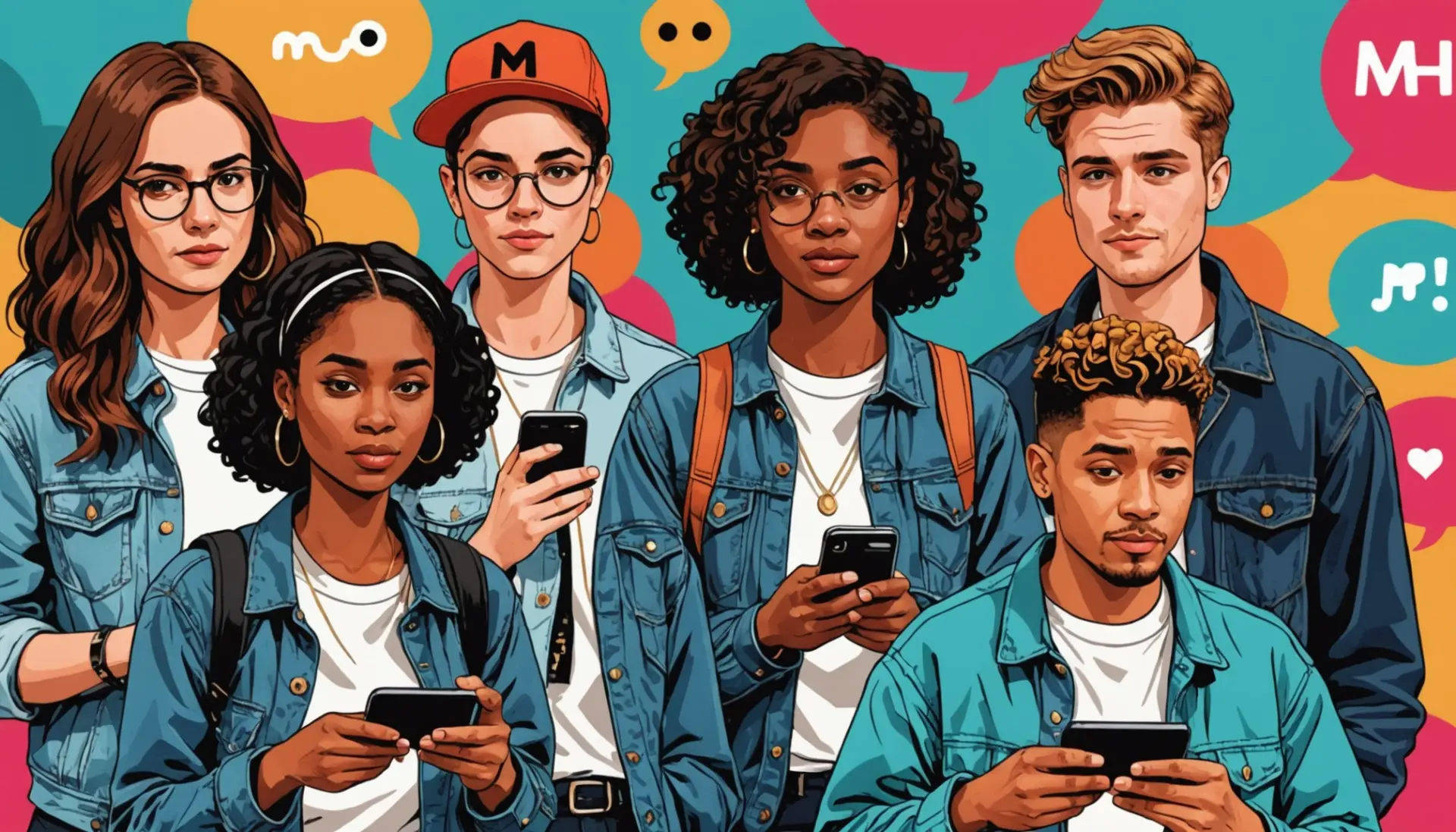 Editorial illustration showing people texting 'mhh' and debating the meaning, what does mhh mean in text