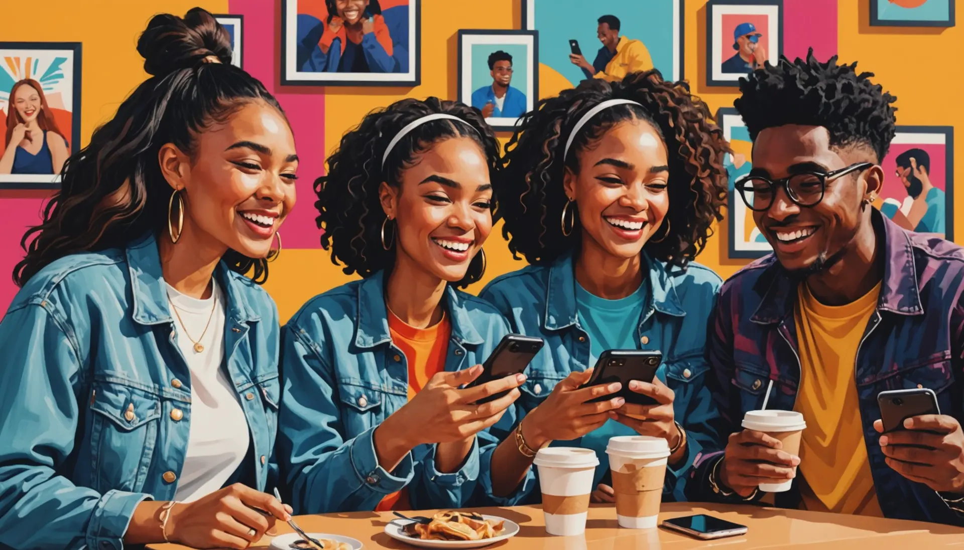 Editorial illustration showing young people captioning photos and texting 'what does ifg mean in slang' on their phones