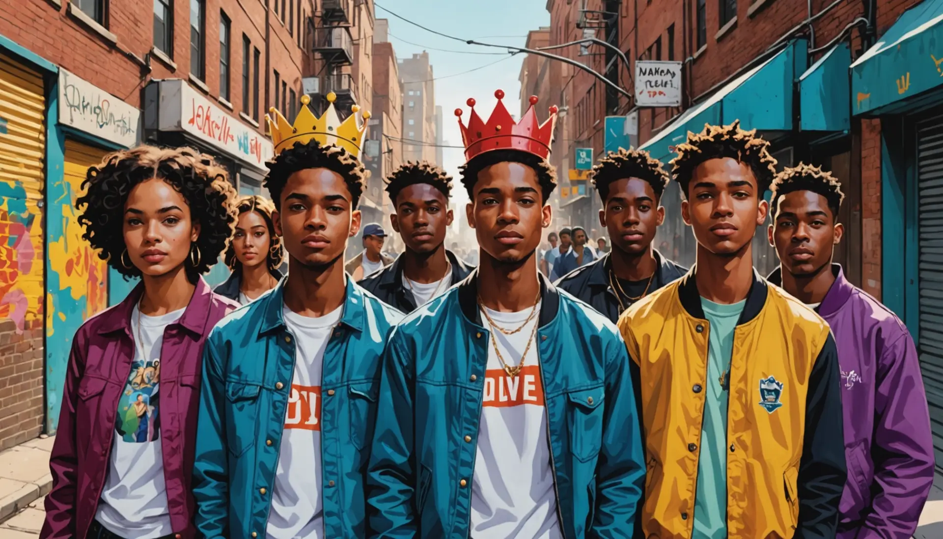 Editorial illustration representing bishop meaning slang with diverse street characters, bold colors, urban vibe