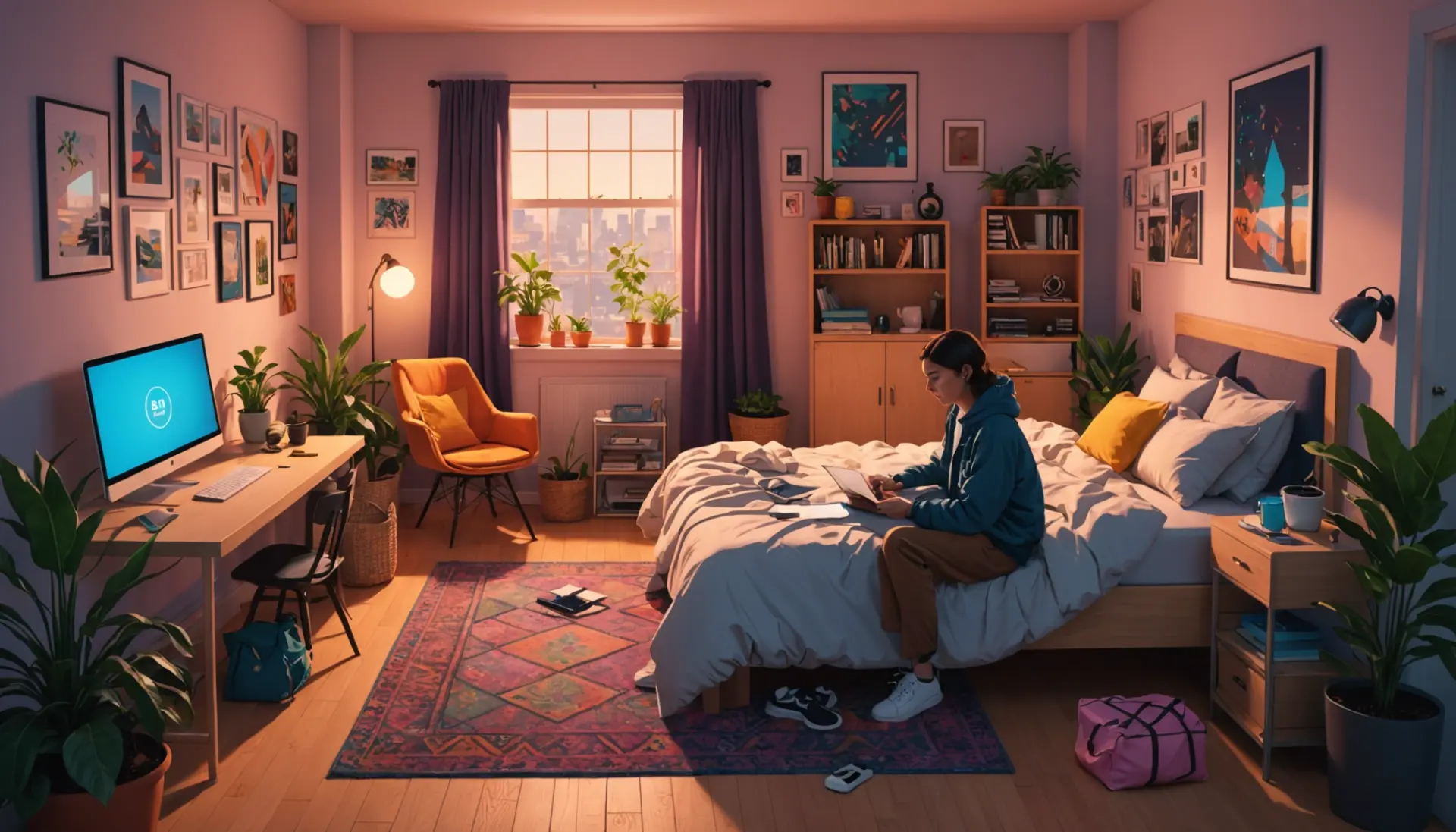 Editorial illustration showing people around a cozy bnb and crypto symbols, capturing bnb meaning slang