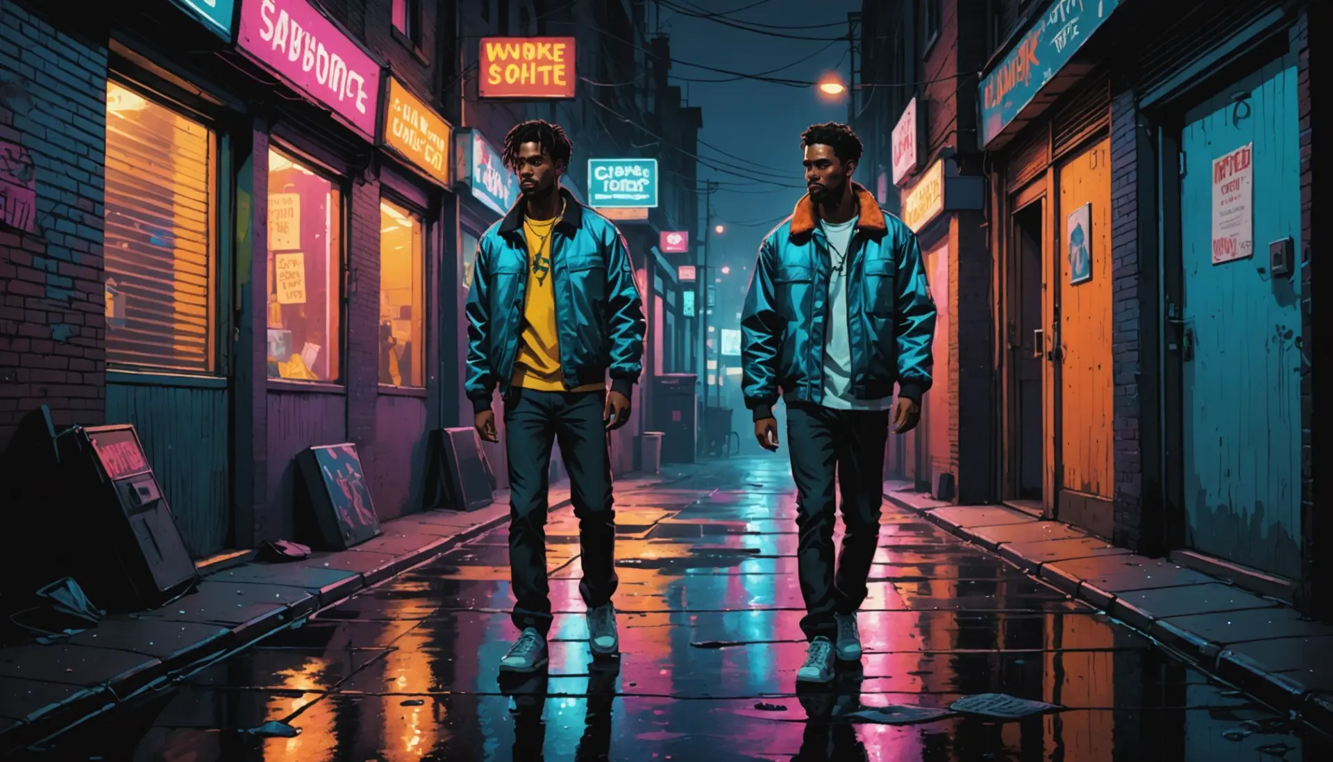 Editorial illustration of urban scene showing 'grimy definition slang' vibe