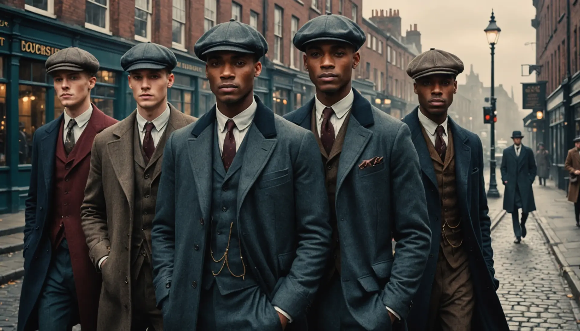 Illustration showing the question what does peaky blinders mean with characters in flat caps and urban background