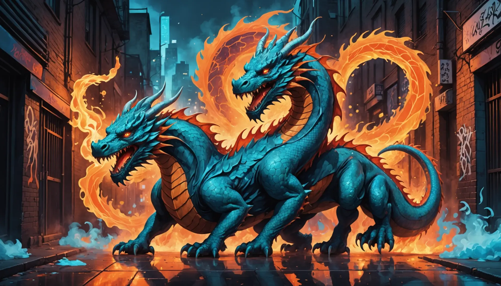 Editorial illustration of a dramatic dragon made of icy-blue and fiery-orange smoke, for alaskan fire dragon urban dictionary