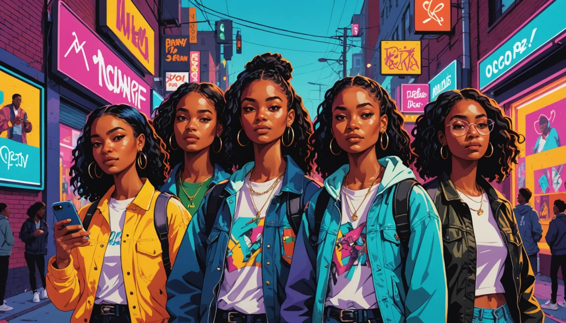 Editorial illustration of a bold street scene captioned vibe representing bomboclatt urban dictionary usage