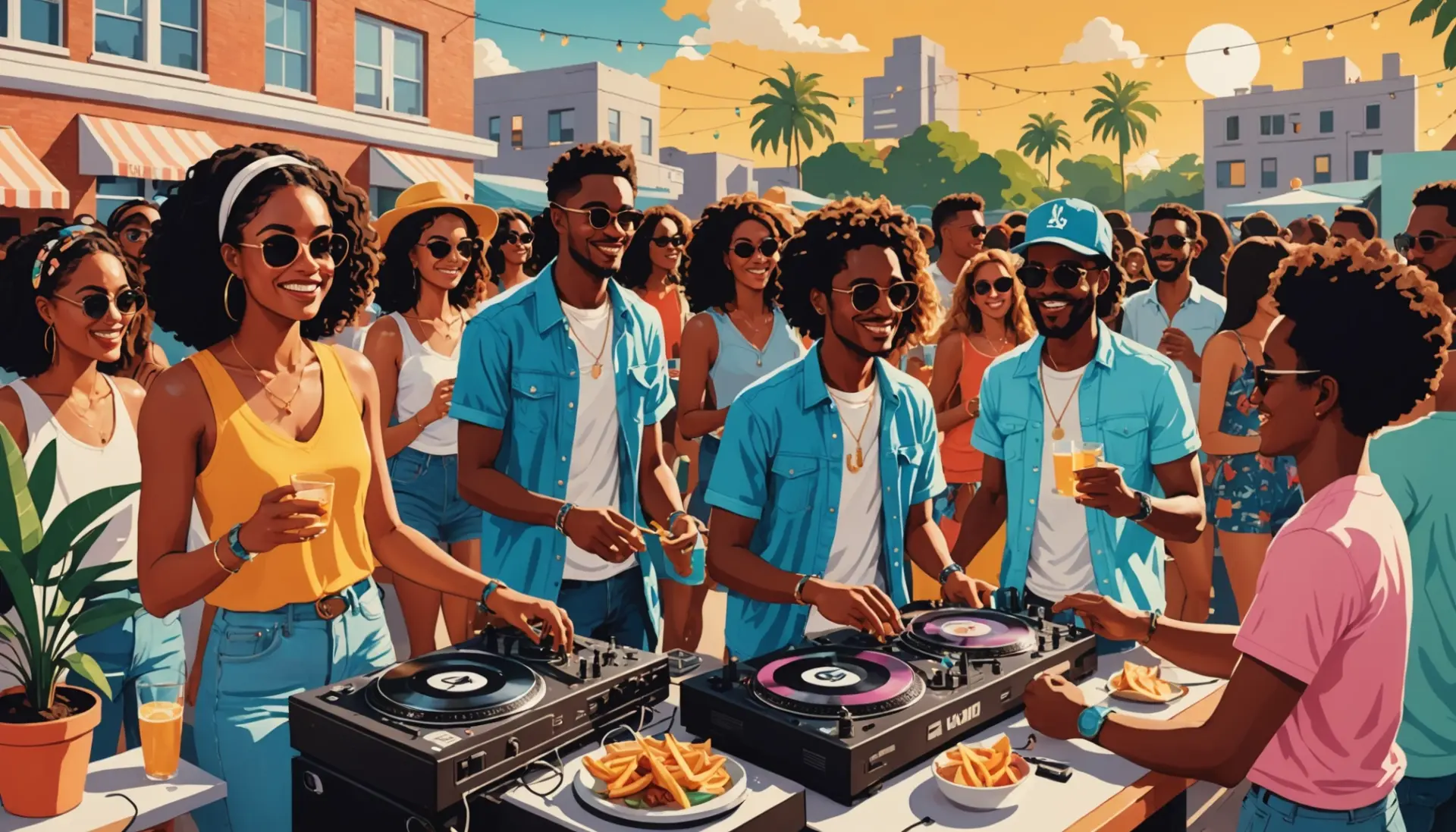 Editorial illustration showing a vibrant daytime party scene with the phrase darty urban dictionary in concept