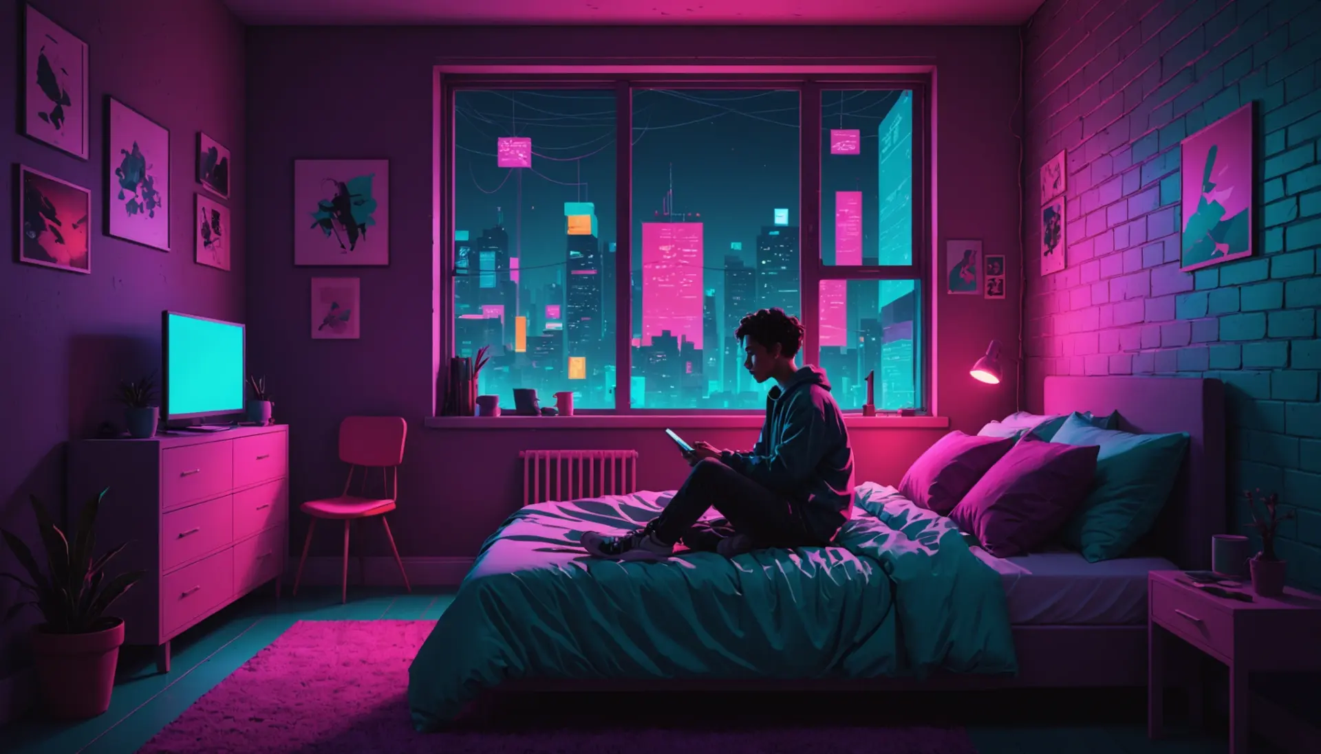 Editorial illustration showing people isolated under neon lights with the phrase ldar meaning slang implied in the mood