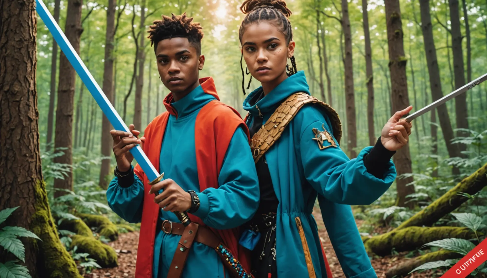 Editorial scene illustrating what is larping in slang: a person toggling between costume and social media persona