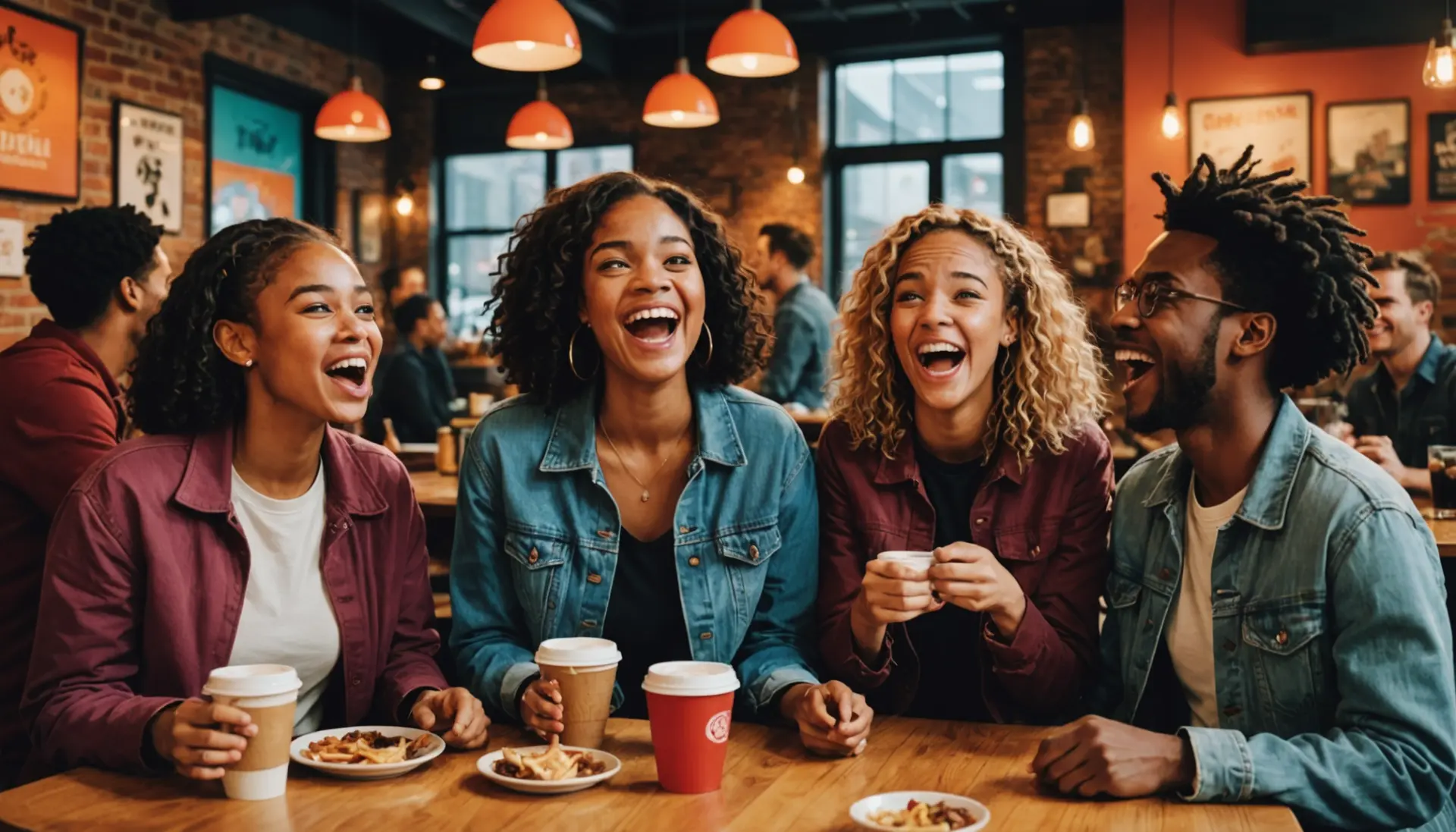 Editorial illustration showing young people reacting with playful expressions, captioned scene evoking the huzz meaning slang