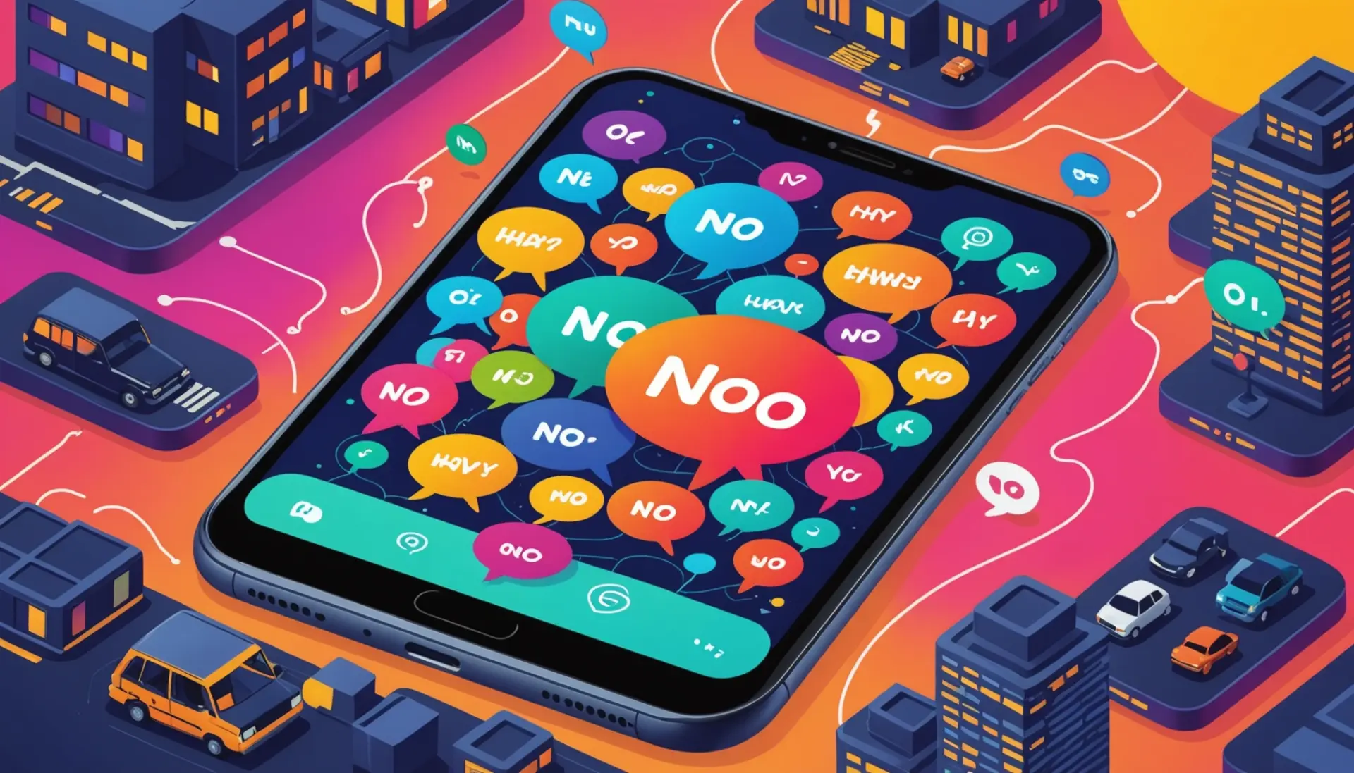 Editorial illustration showing a phone with text bubbles asking 'hwy' and friends reacting, representing what does hwy mean in slang