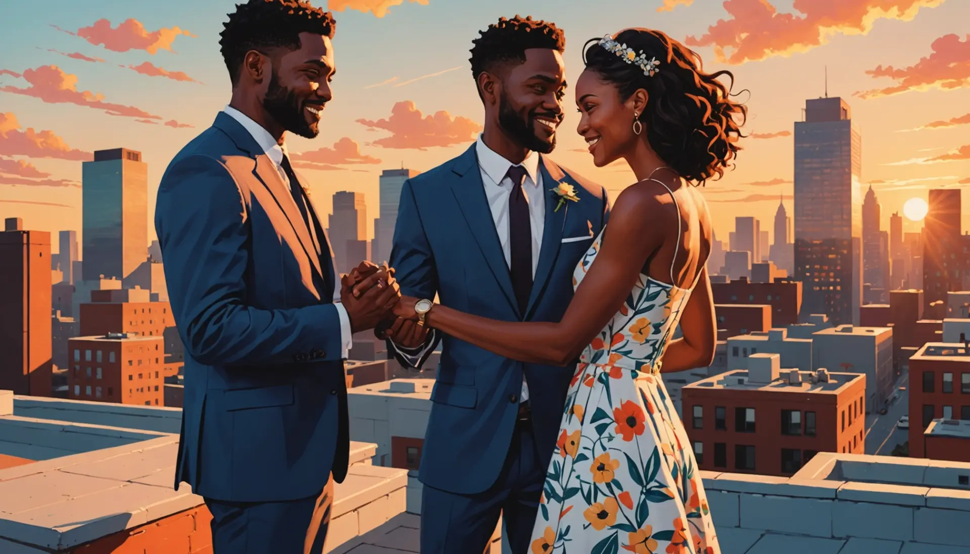 Editorial illustration concept showing a couple elope meaning, intimate ceremony scene