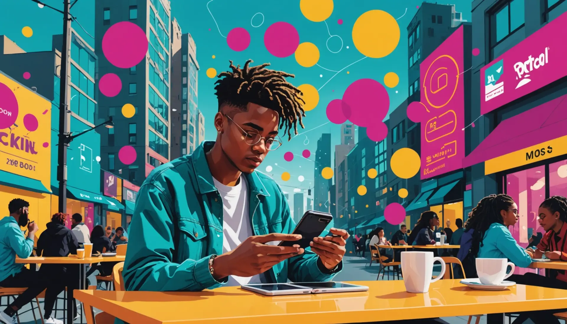 Editorial illustration of a person texting 'syd' with the caption search results and the phrase syd meaning urban dictionary