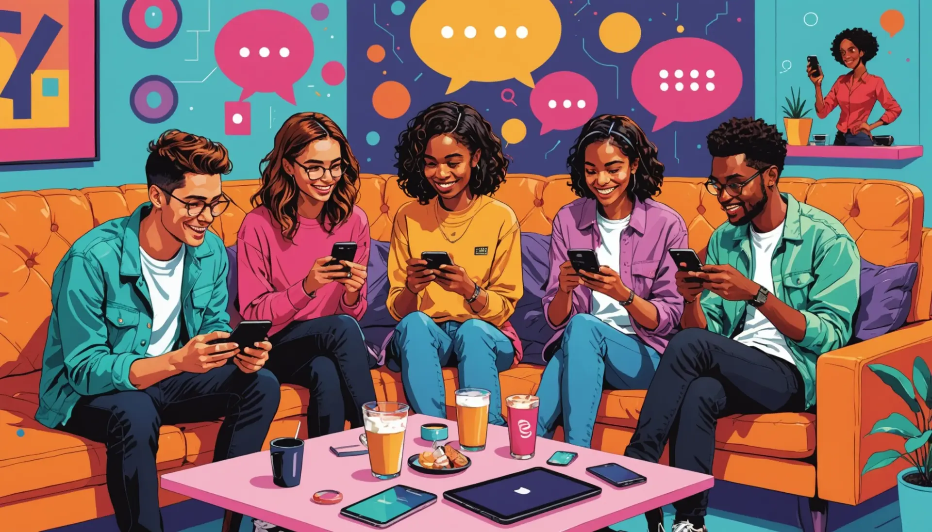 Editorial illustration showing people texting 'idm meaning slang' in chat bubbles