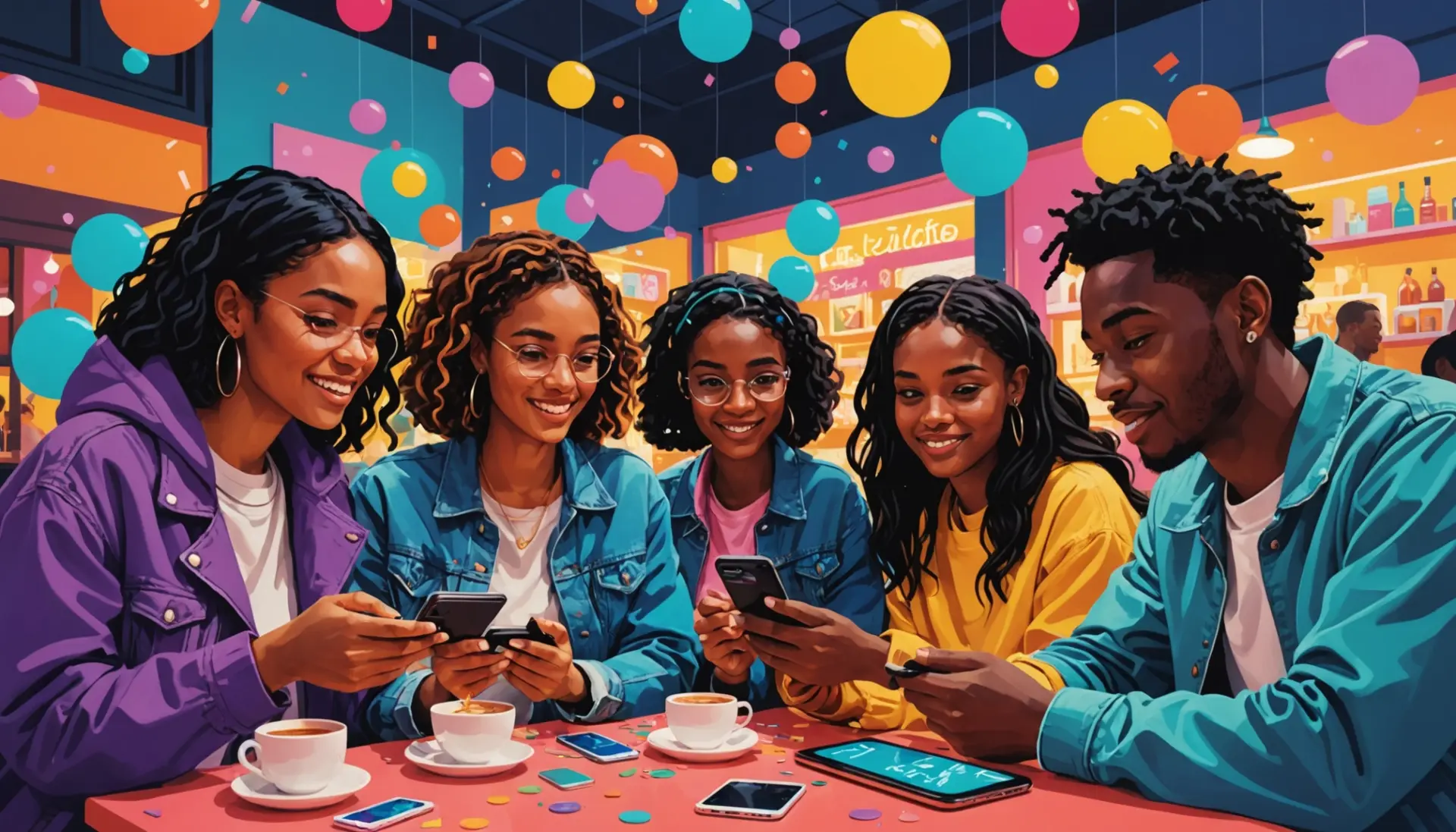Editorial illustration showing people typing on phones with the phrase smb meaning slang implied