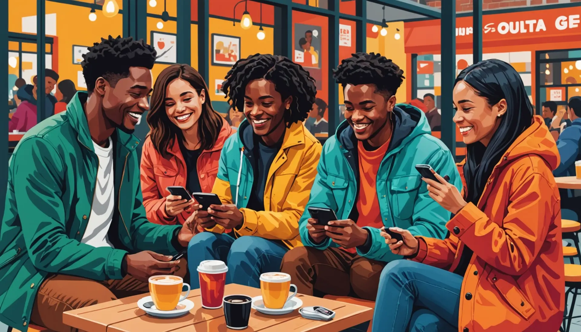 Editorial illustration of friends using the phrase bubs meaning slang in casual chat