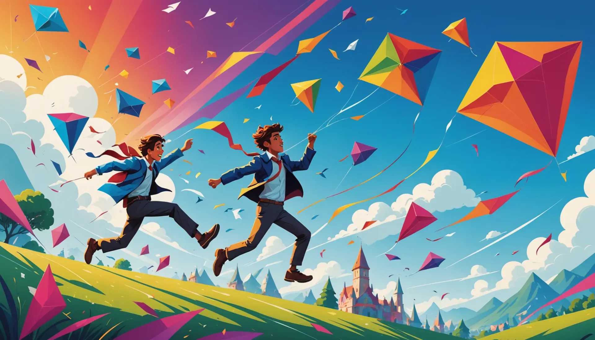 Editorial illustration showing various meanings of kite slang meaning, including a flying kite, a bouncing check, and a gamer kiting a boss