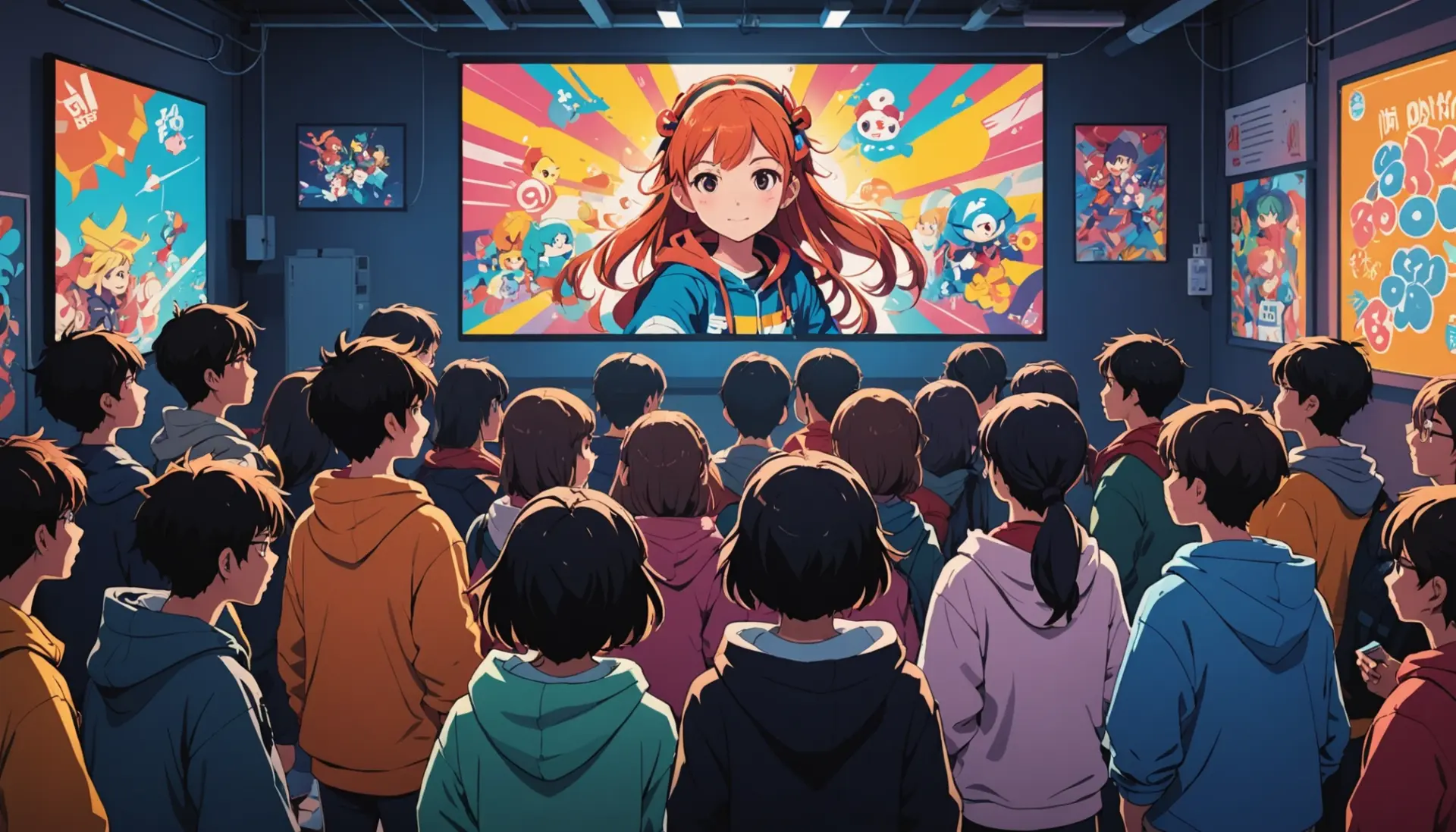 Editorial illustration showing diverse fans reacting to a cute anime character, caption style, with the phrase moe urban dictionary in context