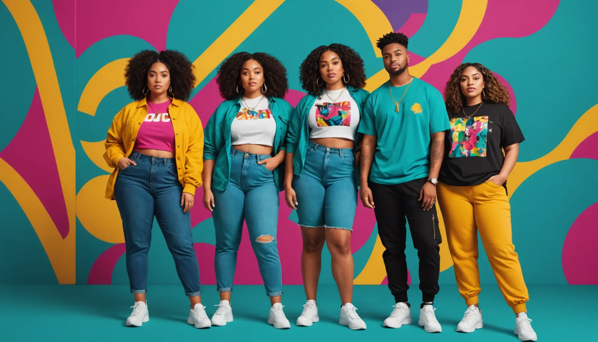 Editorial illustration showing diverse people posing confidently, caption about thicc meaning slang