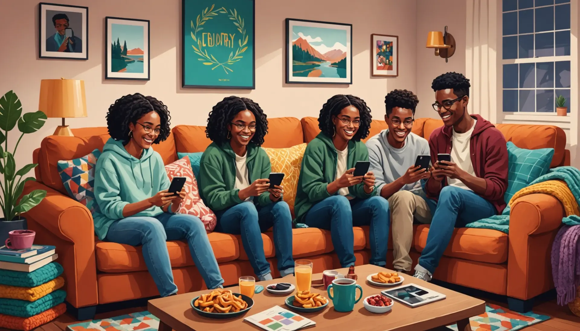 Editorial illustration showing friends lounging on a sofa, captioning the scene as couch slang vibe