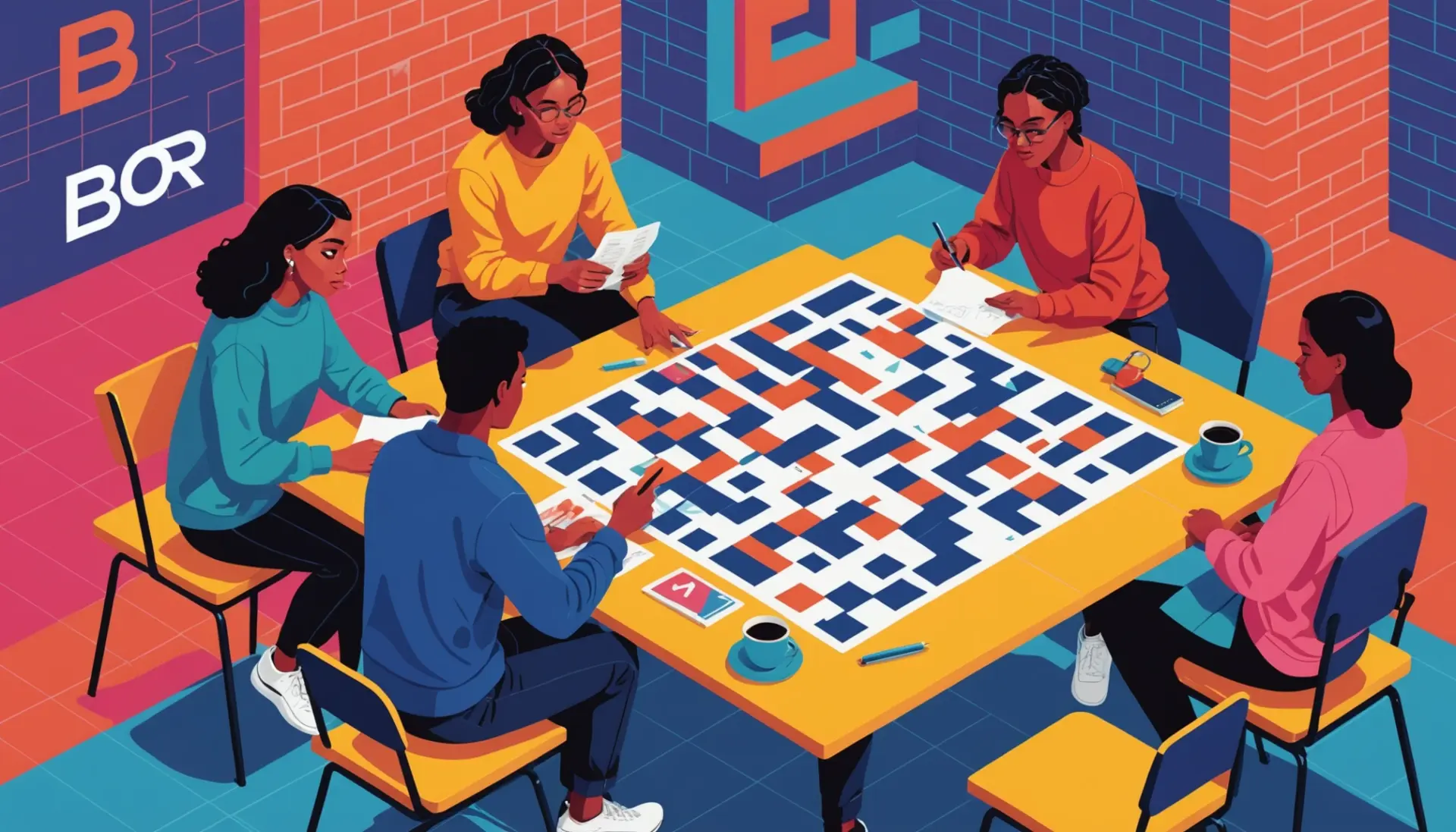 Editorial illustration showing people around a crossword puzzle with the phrase male bud in slang crossword clue hinted visually