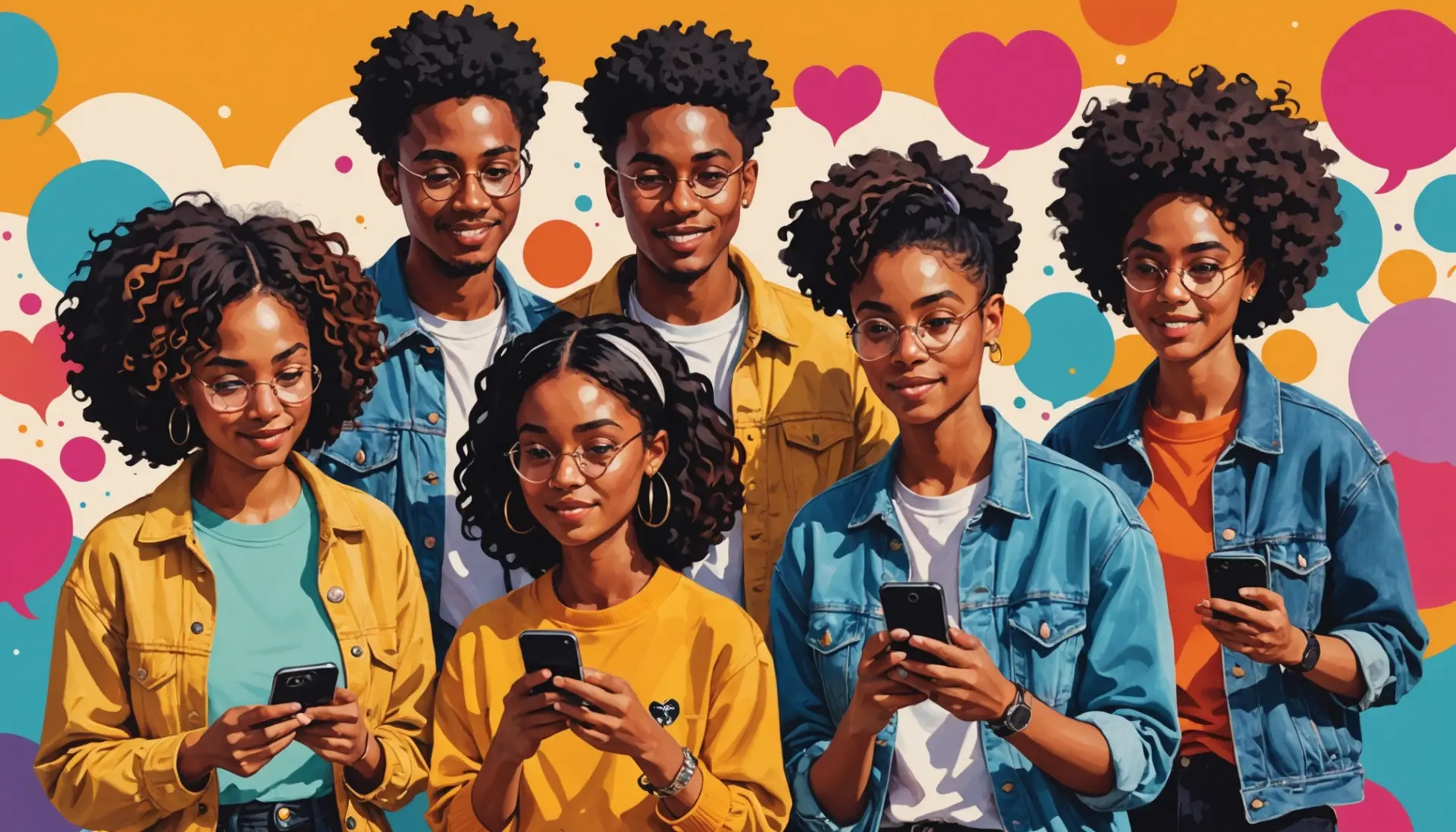 Editorial illustration showing influencers crafting captions with the phrase what does ps mean on instagram