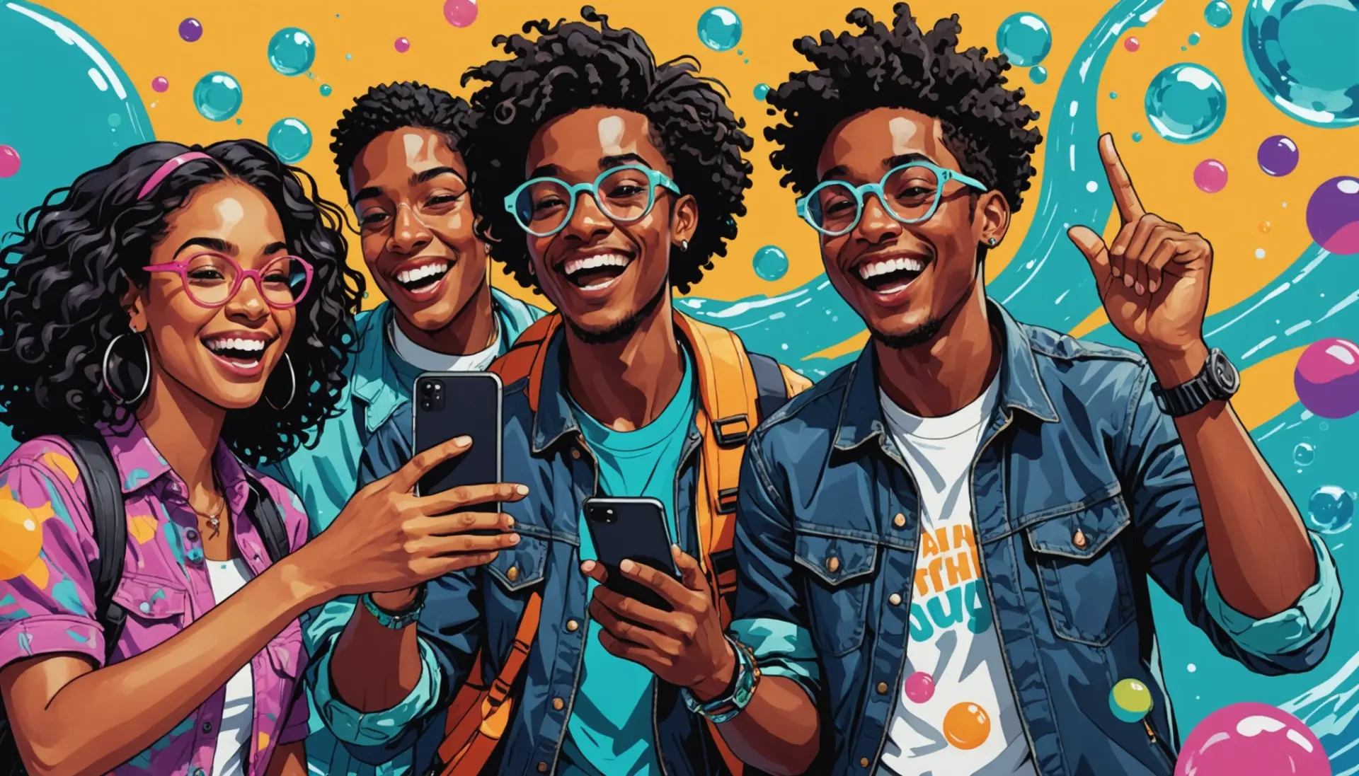 Editorial illustration showing people referencing scuba urban dictionary on phones