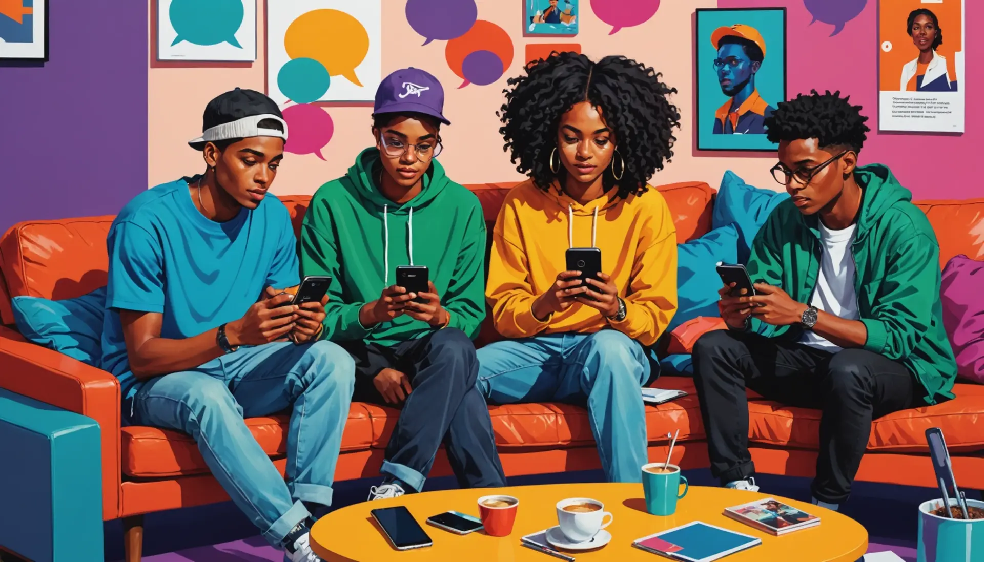 Editorial illustration showing people texting the phrase ltn meaning slang on phones