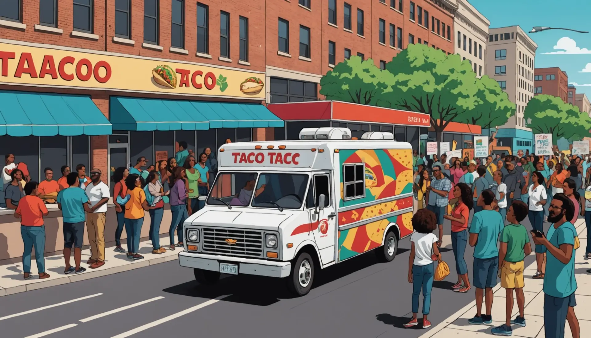 Editorial illustration of political figures and taco imagery, representing what does taco mean in politics
