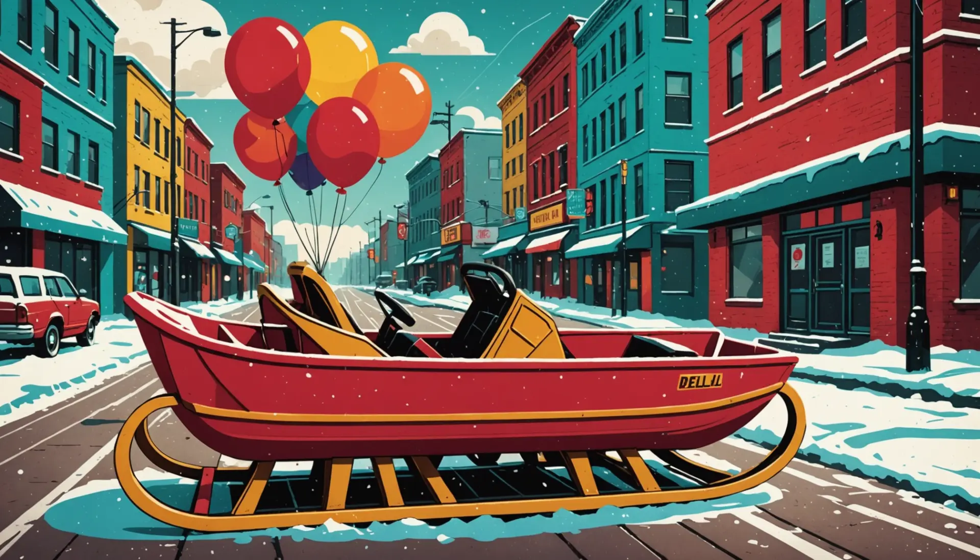 Editorial illustration of a stylized red sled and a vintage film camera with the words rosebud urban dictionary vibe