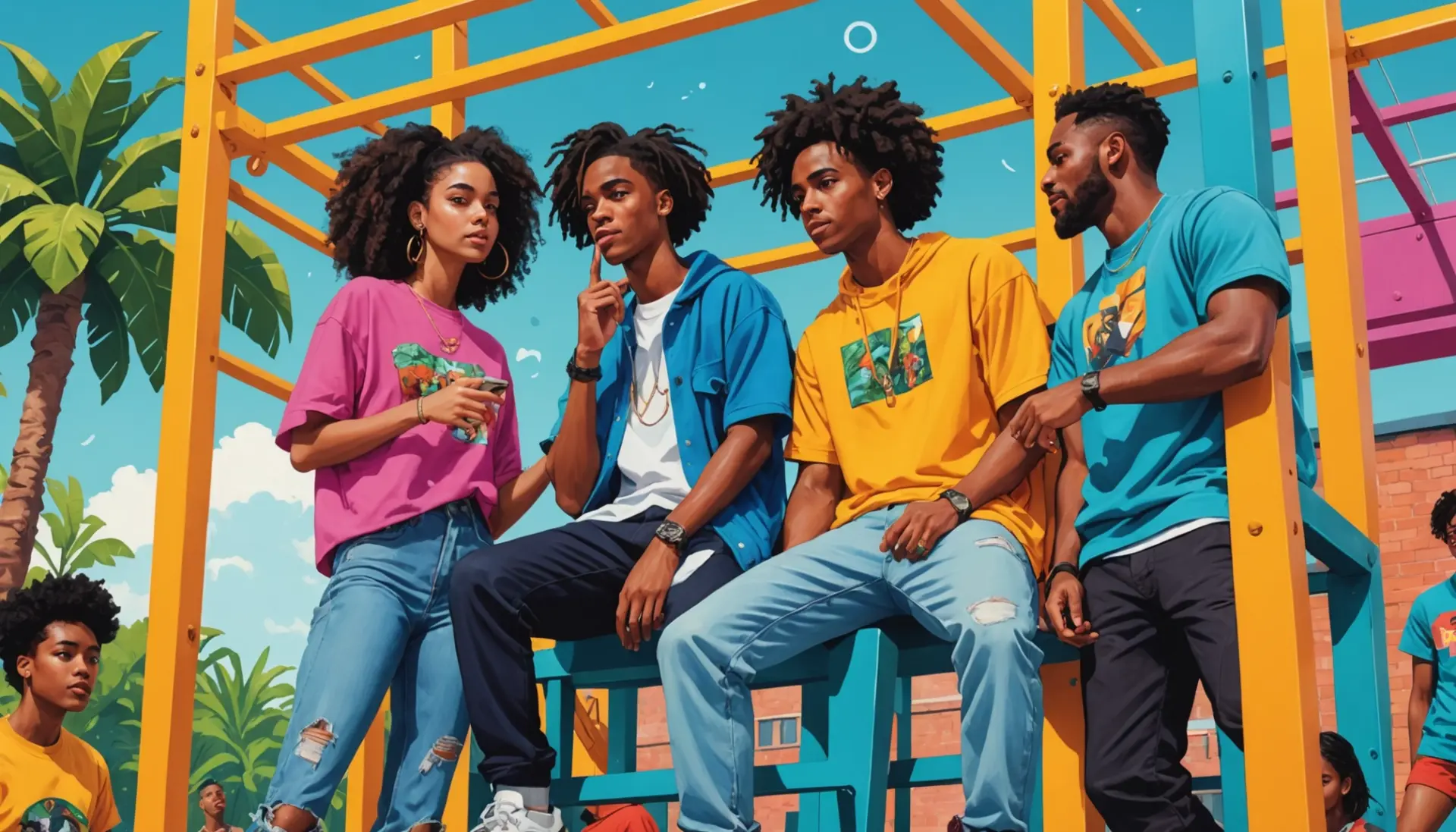 Editorial illustration showing urban youth around a jungle gym, representing the phrase jungle gym meaning slang