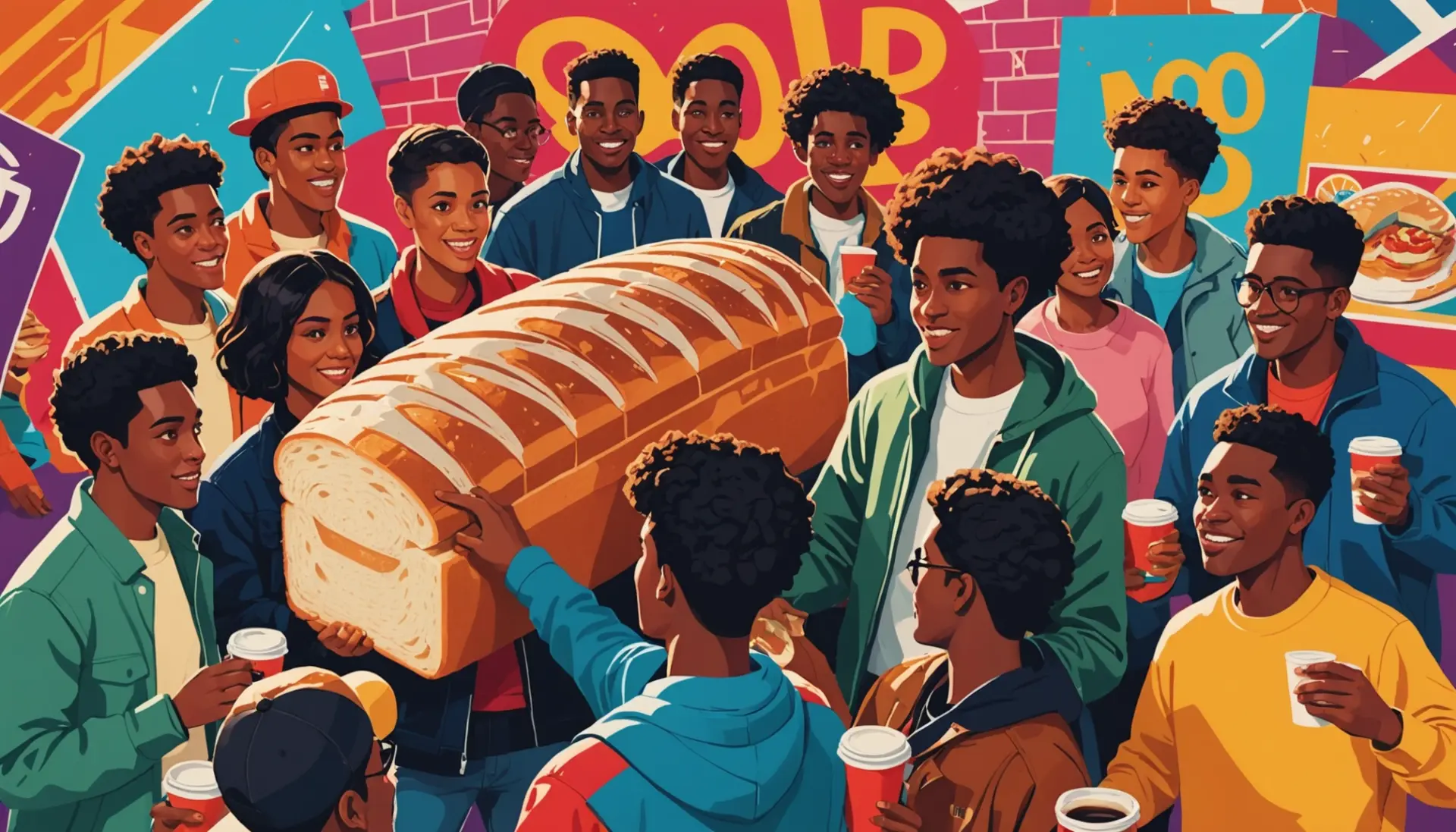 Editorial illustration showing people celebrating a loaf of bread, with the phrase sliced bread meaning slang concept