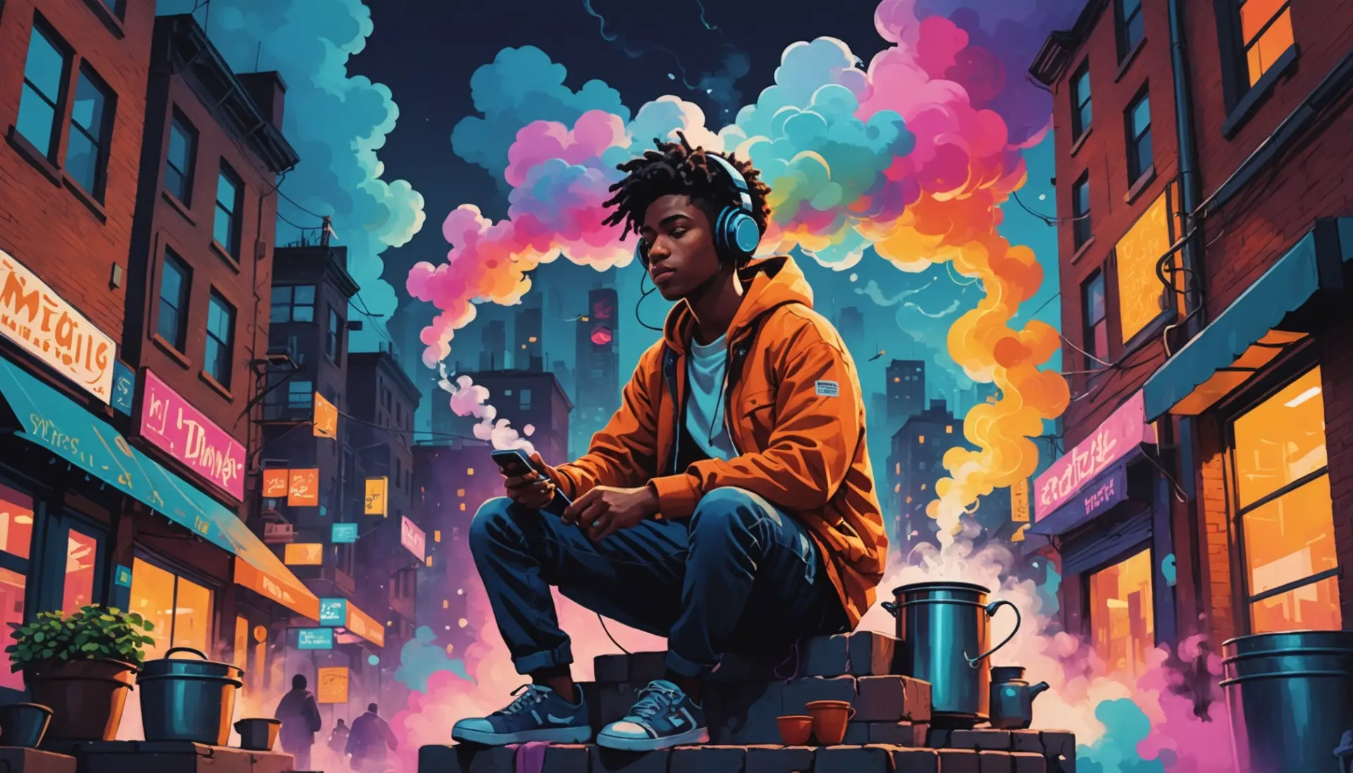 Editorial illustration showing a person with a pot above their head, symbolic brain stew slang concept