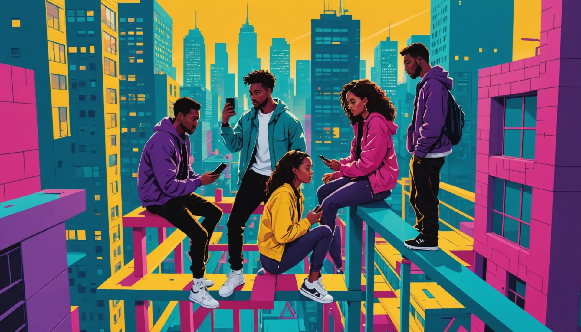 Editorial illustration of a lively urban scene representing jungle gym slang with people connecting and climbing, showing the phrase jungle gym slang metaphorically