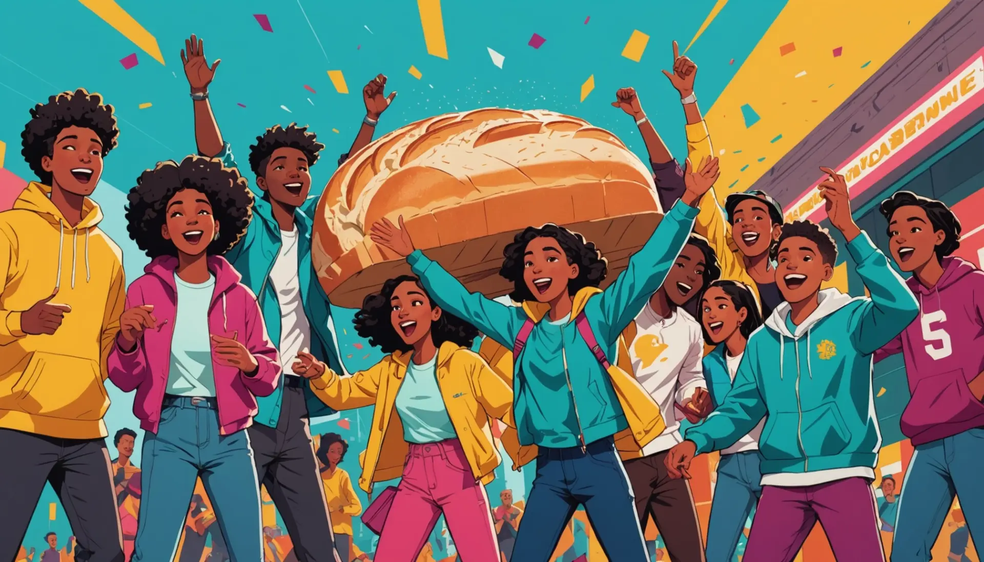 Editorial illustration showing a playful scene that represents sliced bread slang meaning