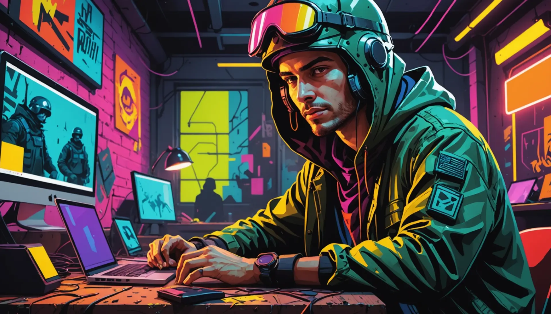 Editorial illustration showing gamers and urban characters with a stylized 'nade' symbol, representing slang term for grenade