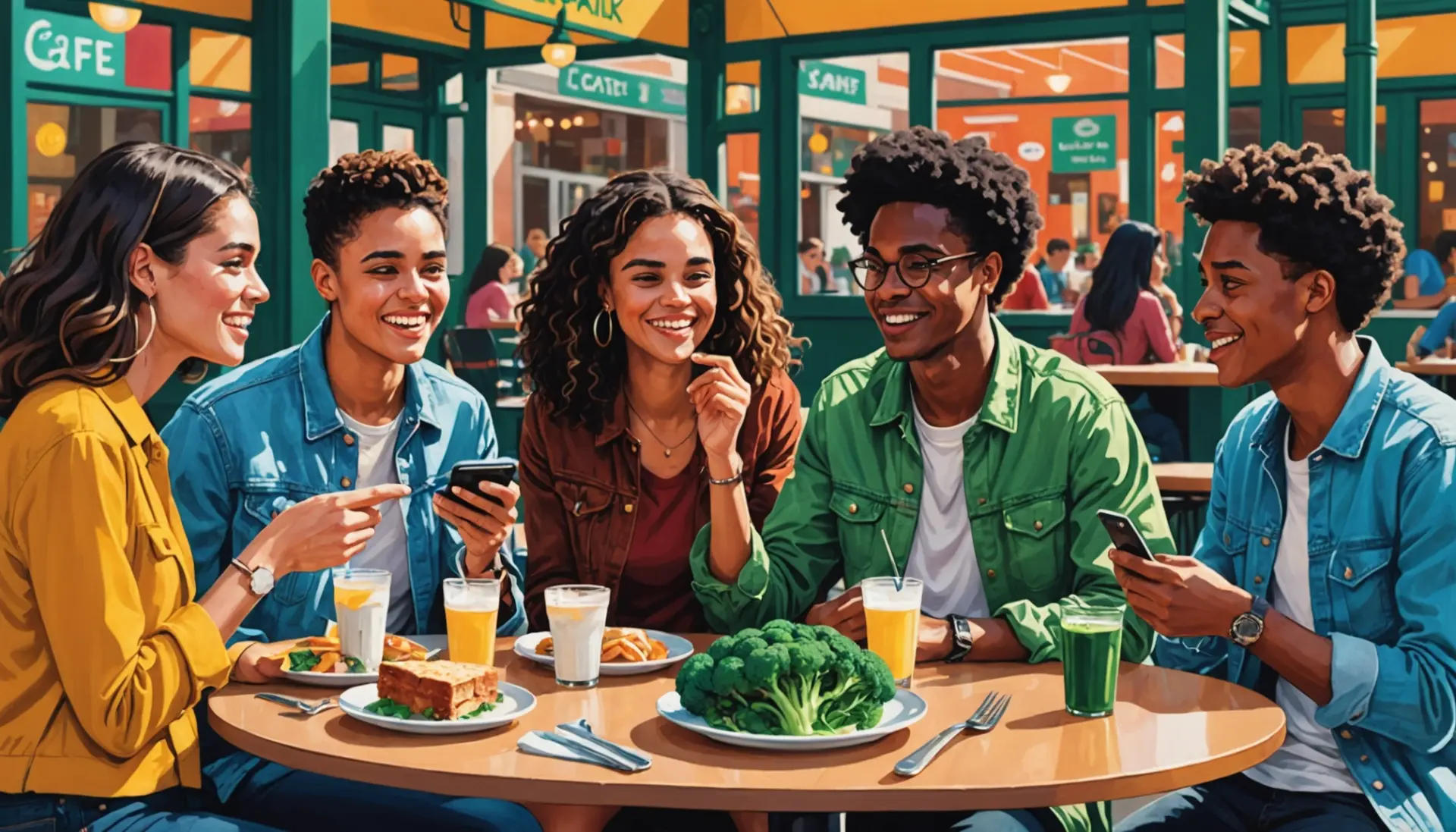 Editorial illustration of people bantering about broccoli rabe definition slang around a table
